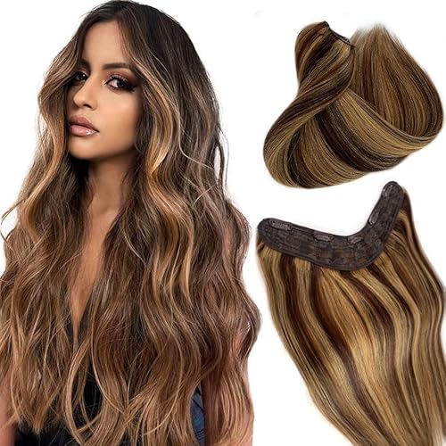 Balayage Clip in Hair Extensions Invisible One Hairpiece 18 Inch Ombre Chocolate Brown to Caramel Blonde 80G V Shape Clip in Hair Extensions 3/4 Full Head Silky Straight Highlight Clip On Hair 4/27