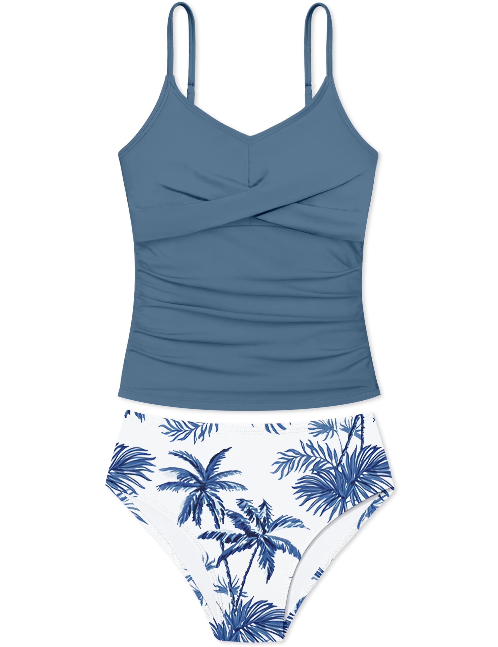 Girls Swimsuit 2 Piece Bathing Suit Criss Cross Ruched Girl Tankini Sets Printed Girls' Swimwear for 9-18 Years