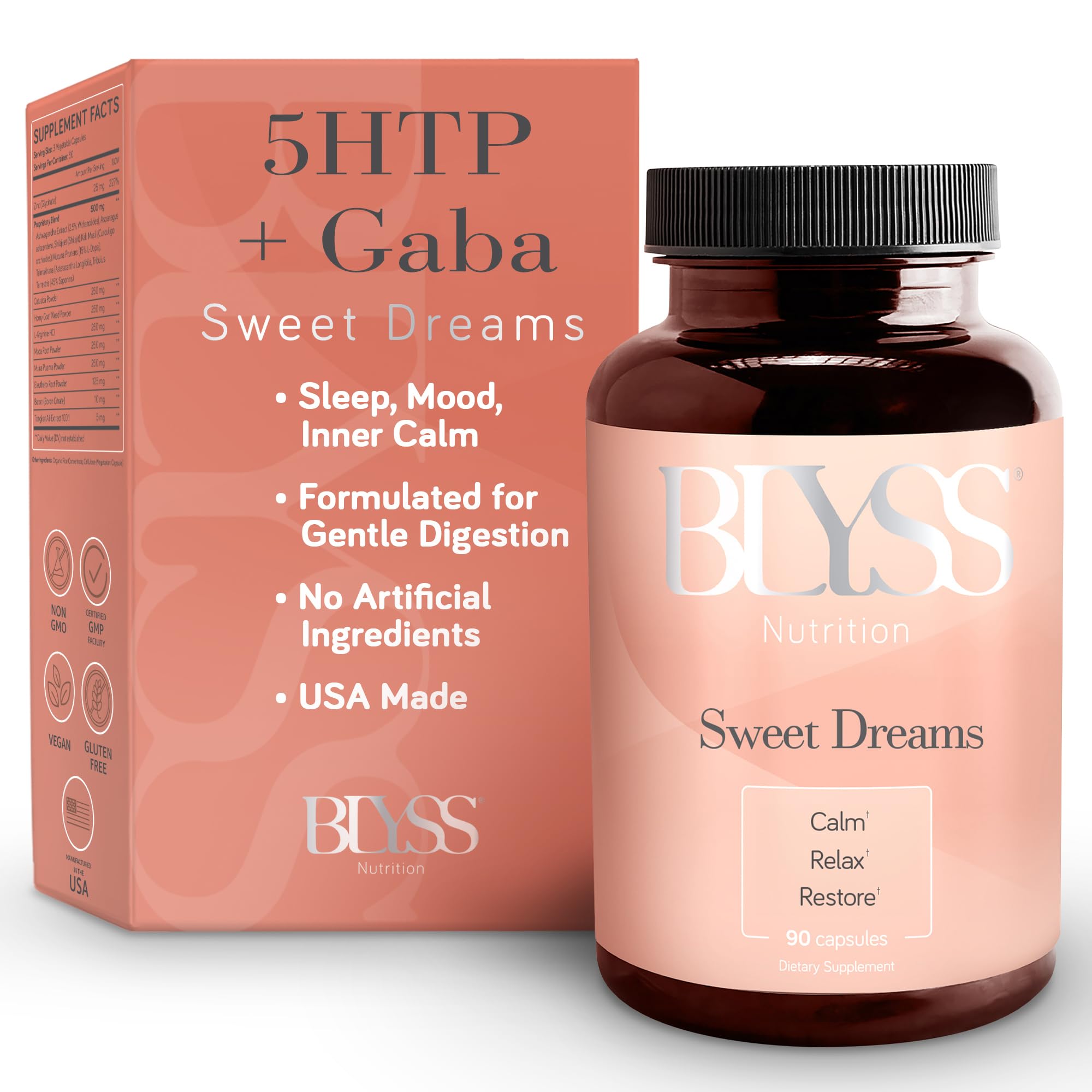 5HTP Plus GABA Supplement - Supports Mood, Relaxation Stress & Sleep - 200mg - Pure HTP-5 Capsules for Women - 60 ct
