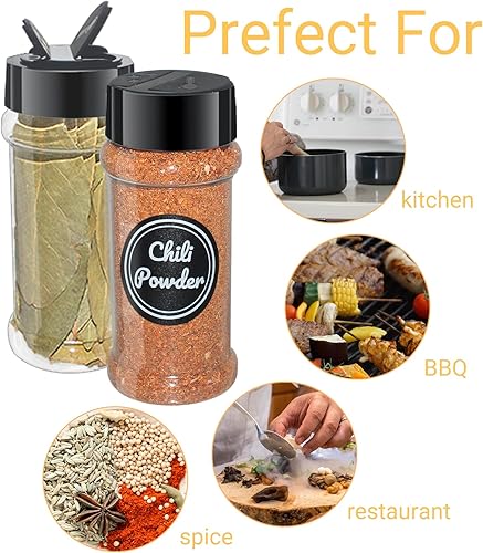Miniatura 5 de Paquete de 24 tarros de plástico transparente para especias de 3.3 onzas con tapas negras para coctelera, botella redonda de especias de 3.3 onzas,