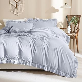 QSH Ruffle Duvet Cover Queen Size Washed Cotton,3pc Linen Feel Farmhouse Shabby Vintage Ruffled Bedding Set French Country Rustic Cornflower Blue Comforter Cover Aesthetic Soft Quilt Cover Set