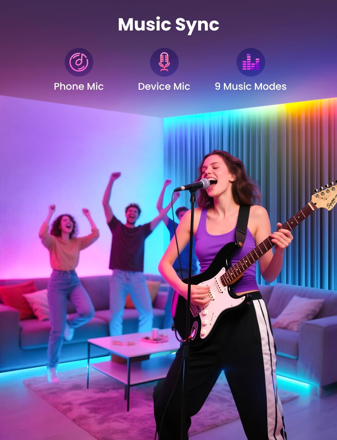 RGB+IC LED Strip Light, 32.8ft Smart LED Light for Bedroom, Bluetooth APP Control, Color Changing LED Strip Lighting, 44 Scene Modes, Music Sync, TV Backlight Behind Strip, Home Decor, Gaming Room