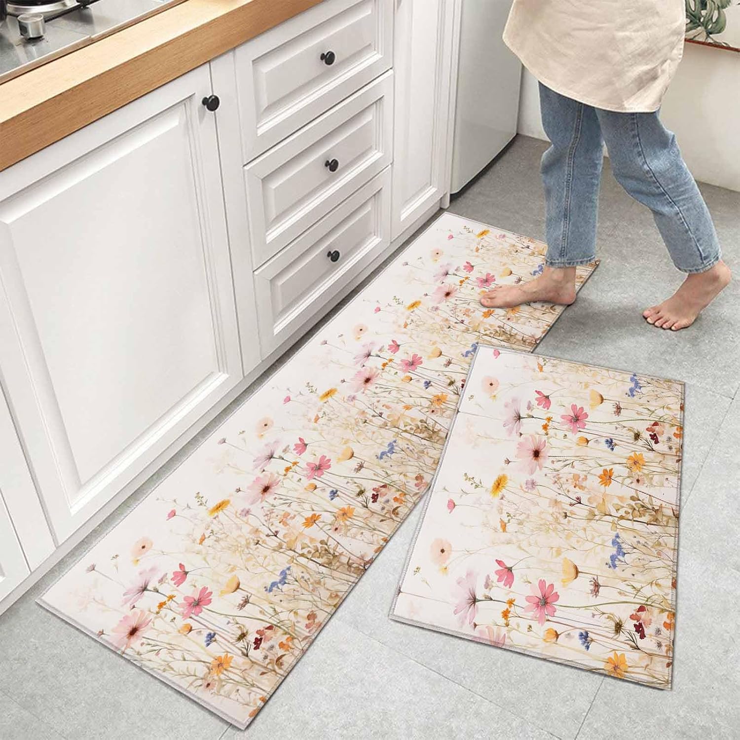 Kitchen Mats for Floor Spring Garden Watercolor Flower Washable Non Slip Kitchen Rugs 2PCS, Retro Blossom Floral Leaf Absorbent Standing Mats for Sink Office Living Room 15.7x23.6in+15.7x47.2in