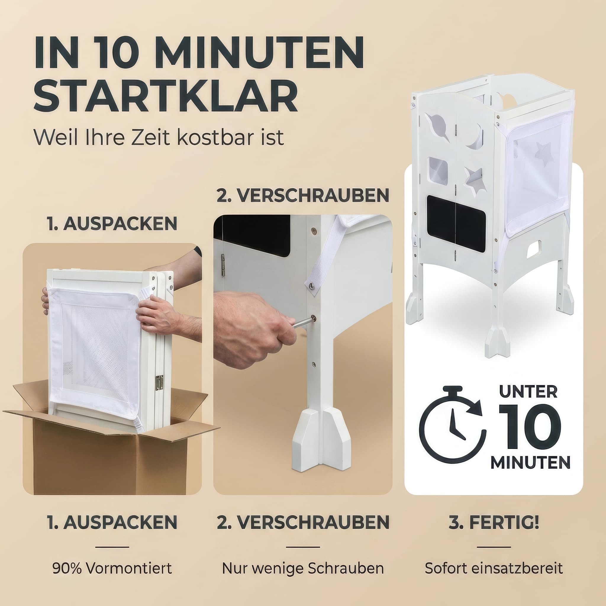 BabybeFun Lernturm klappbar ab 1 Jahr mit 360° Sicherheitsnetz - Extra Stabiler Learning Tower mit Anti-Kipp-Schutz