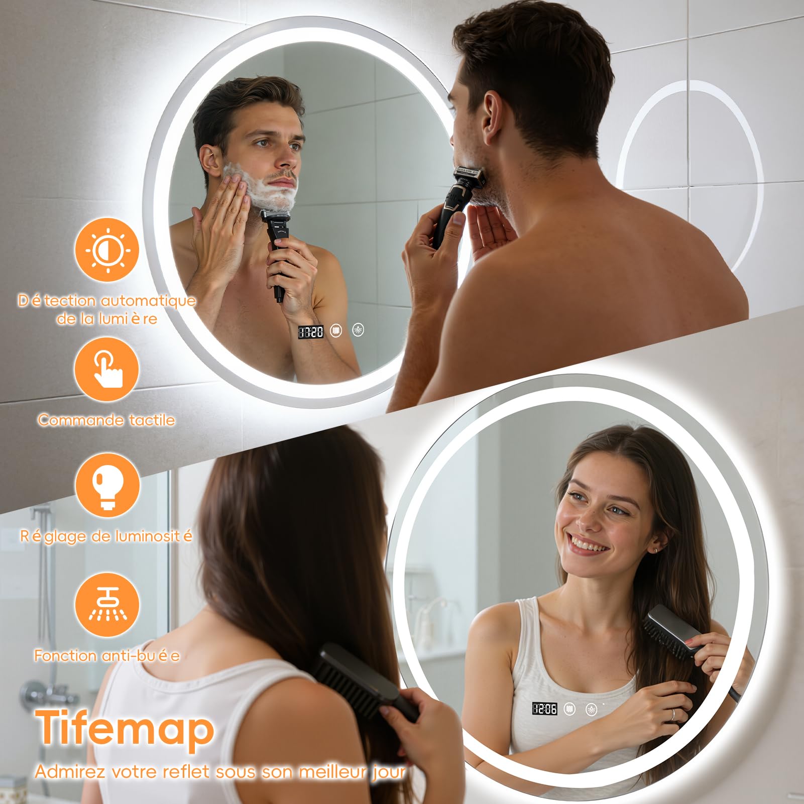 Miroir Salle de Bain avec Eclairage, Miroir LED Salle de Bain de Maquillage Anti-Buée avec Interrupteur Tactile, Miroirs Lumineux Salles de Bain (60×60cm)