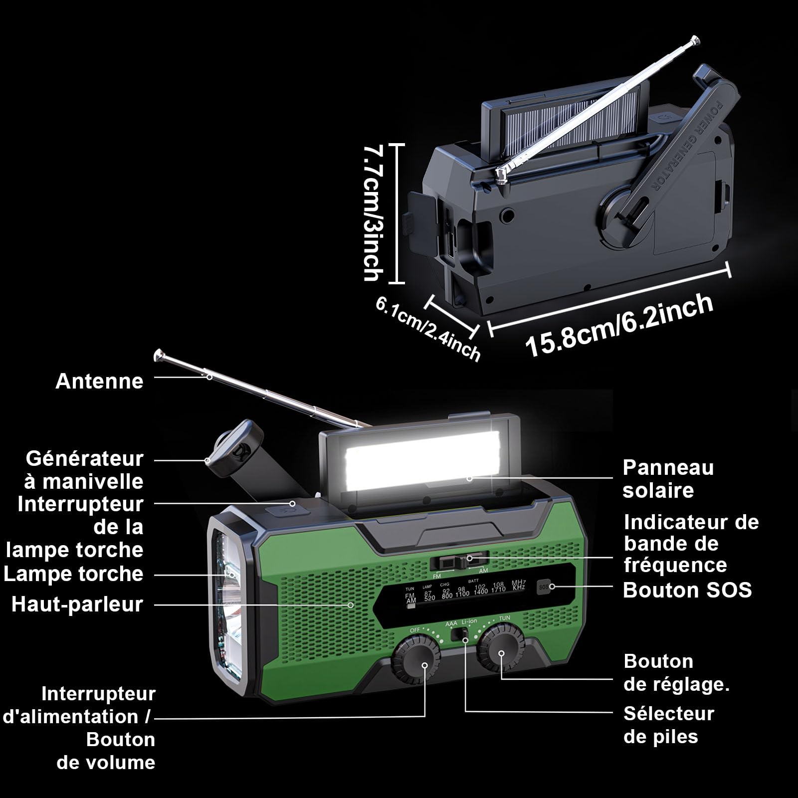 SOLARBABY A1 Radio a manovella, Radio Solare Portatile con 10000mAh Powerbank, AM/FM Radio di Emergenza Solare con Torcia Luce di Lettura Allarme SOS USB per Emergenze Blackout Campeggio, Verde
