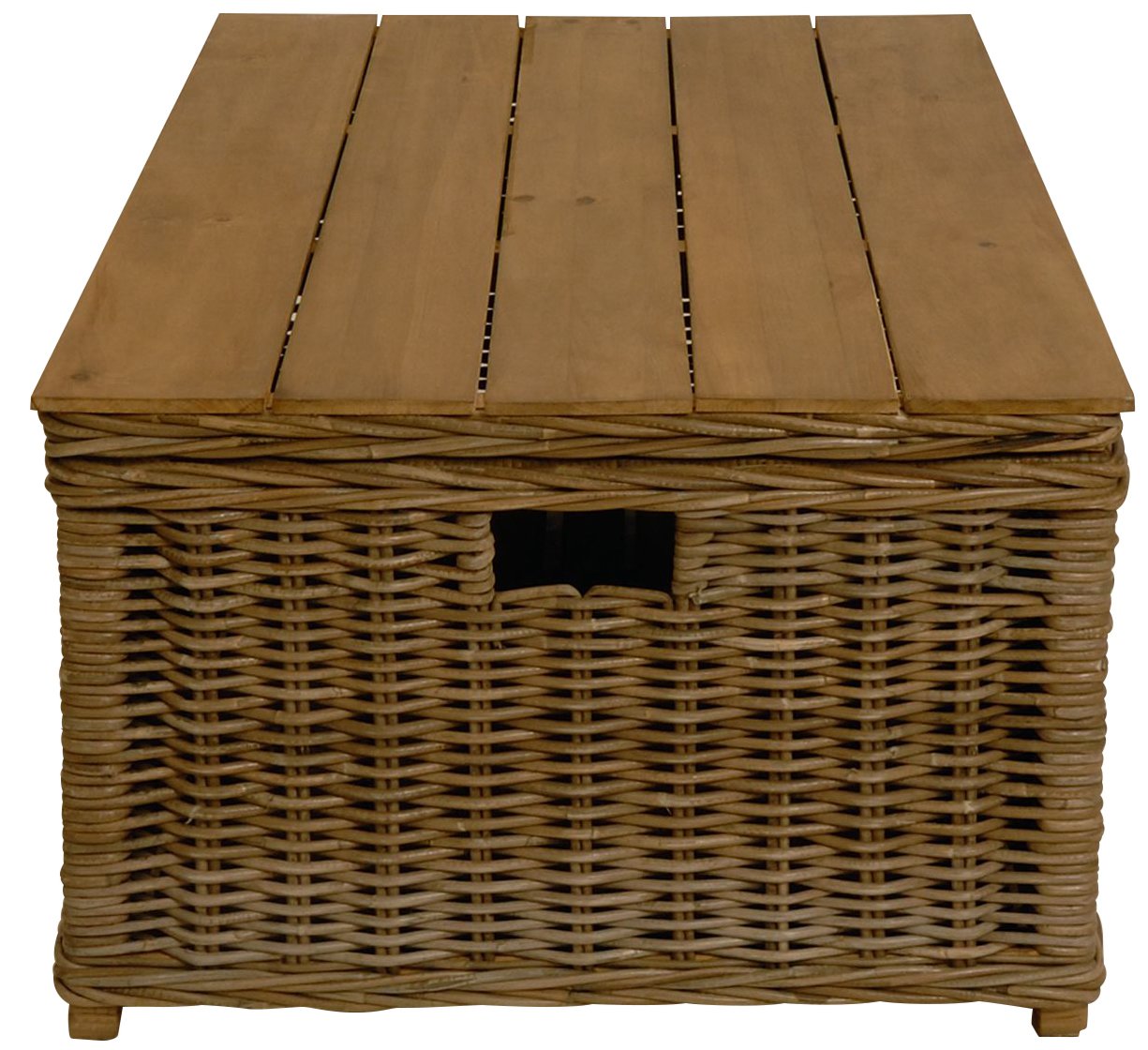 Stabiler Couchtisch auch als Holztruhe, Holzkiste XXL einsetzbar/aus echtem Rattan und Holz/massive Kiste, Truhe für Brennholz (110x70cm)