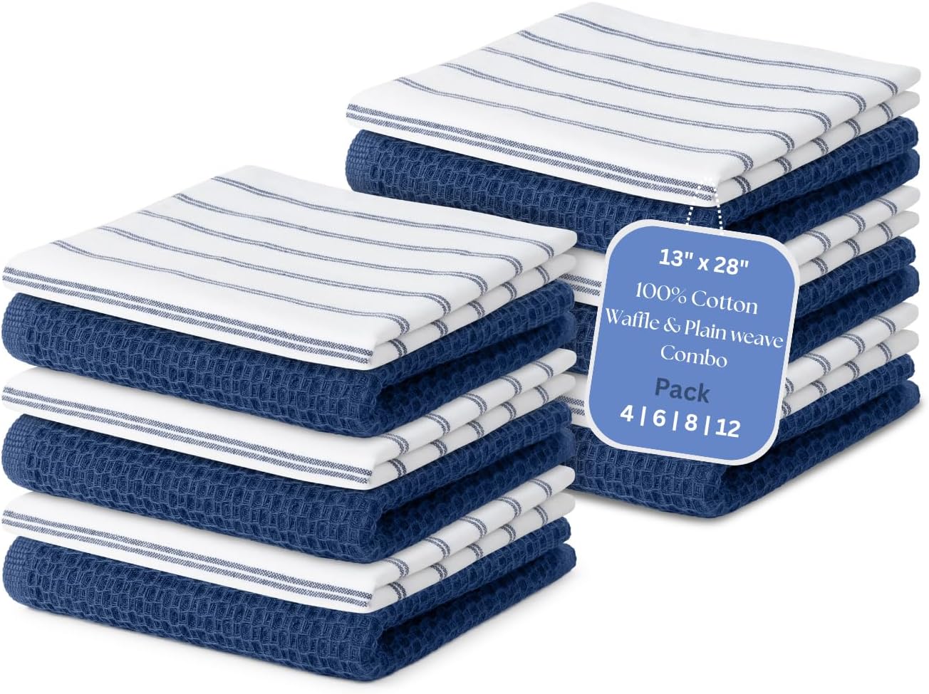 Quick-Drying Kitchen Towels Set of 12 (13"x28") - Cotton Waffle & Plain Weave Dish Cloths | Absorbent Tea Towels for Drying Dishes | Hand Towels | White & Blue Striped Farmhouse Design & Blue Waffle