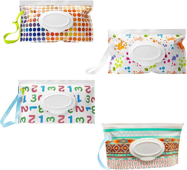 DFsucces Baby Wet Wipes Pouches Dispensers,Wet Wipe Pouch,Travel Wet Wipes Bags,Portable Refillable Wipe Holder,for Diaper Bag Lightweight Travel Wipes Dispenser Cases(4 Pattern)