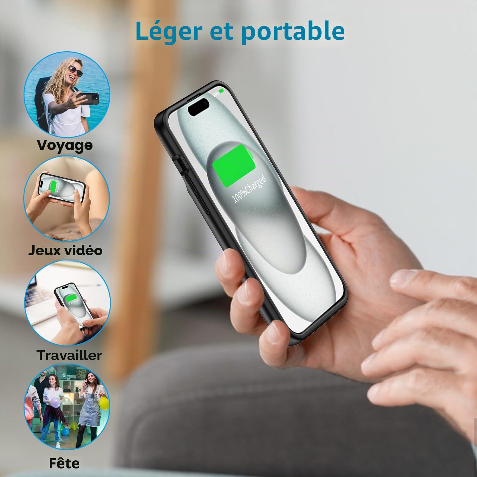 Coque de batterie pour iPhone 15, 7000 mAh, ultra fine, portable, coque de charge intelligente, compatible avec iPhone 15 (6,1"), chargeur de batterie étendu, noir