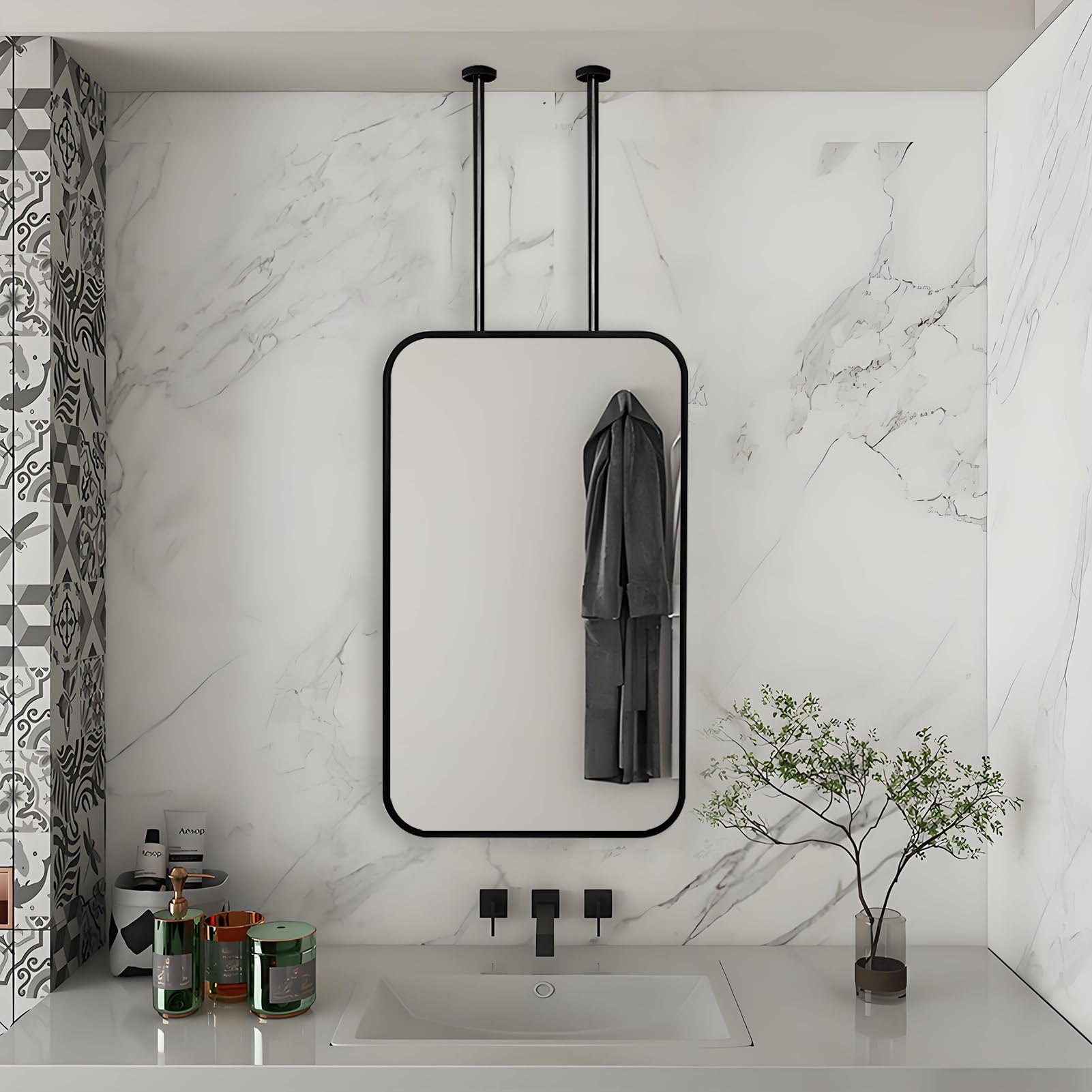 FGXHHS Nordic Ceiling Mounted Black Mirror, Rounded Rectangle Double Rod Hanging Makeup Shaving Living Room Cloakroom Bathroom Decorative Mirror(40cmx70cm)