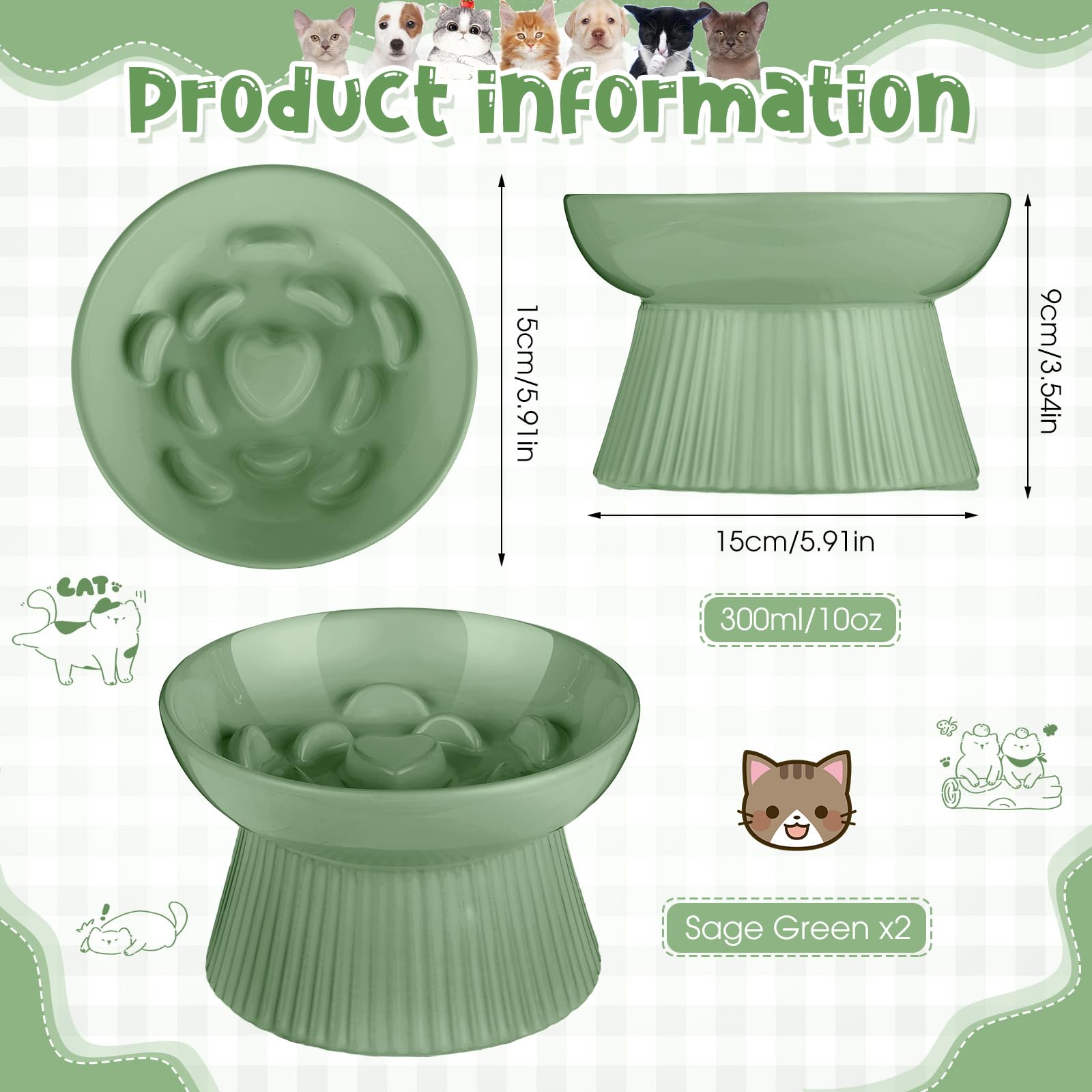 Tioncy Lot de 2 gamelles surélevées en céramique pour chat - Gamelles surélevées pour nourriture sèche et humide - Facile à nettoyer - Bord haut pour chats et petits chiens - Passe au lave-vaisselle -