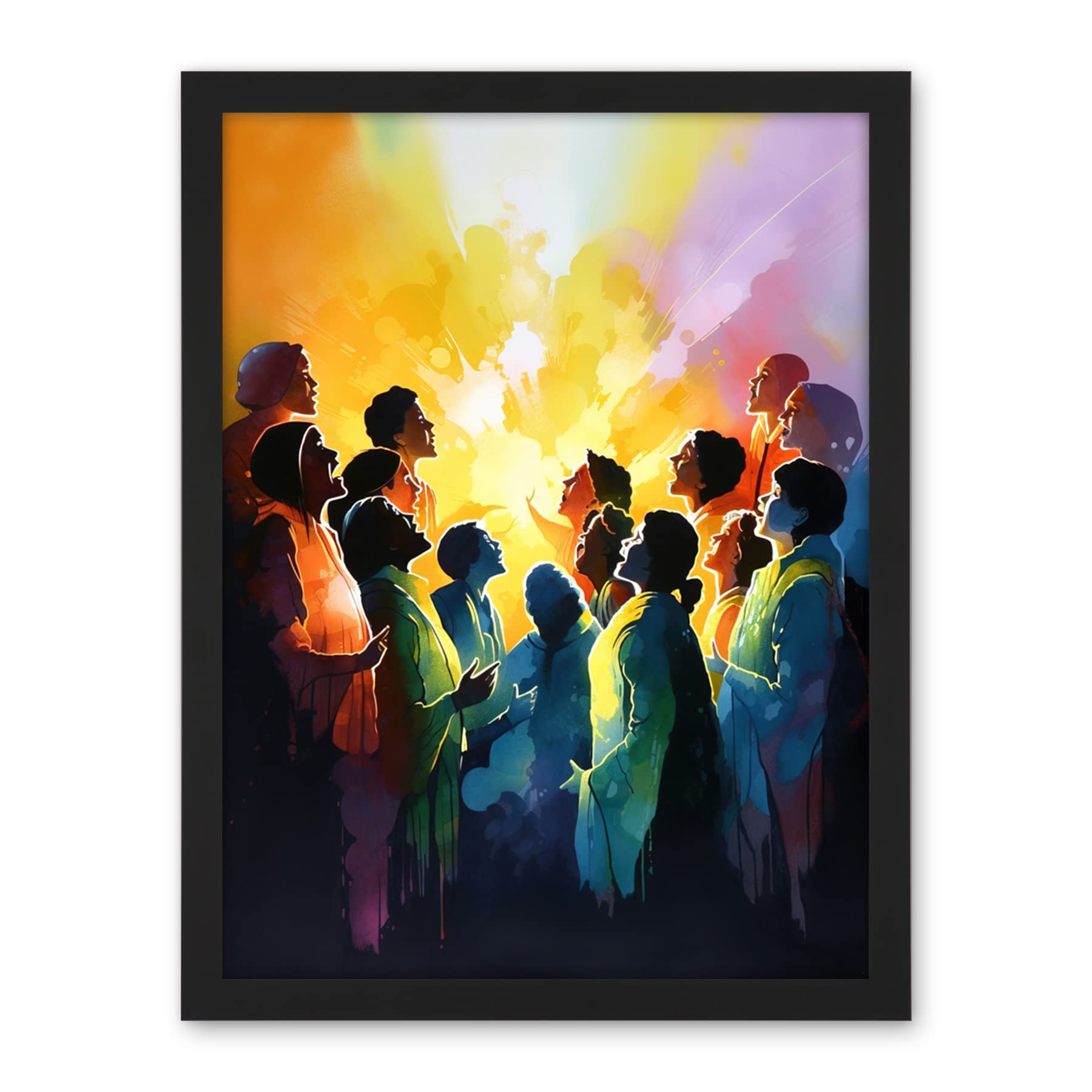 Artery8 Choir Women Singing by Bonfire Modern Rainbow Colour Watercolour Painting Artwork Framed Wall Art Print 18X24 Inch