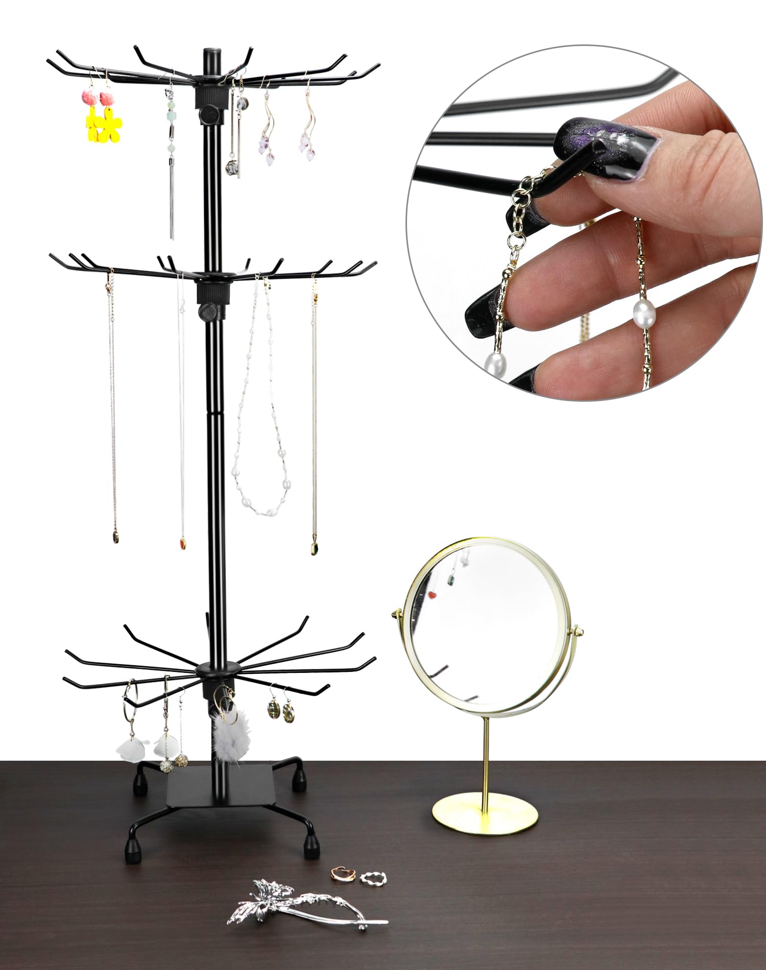 QWORK® Espositore Girevole per Gioielli a 3 Livelli in Metallo, Nero, Ideale per esporre Gioielli e Accessori
