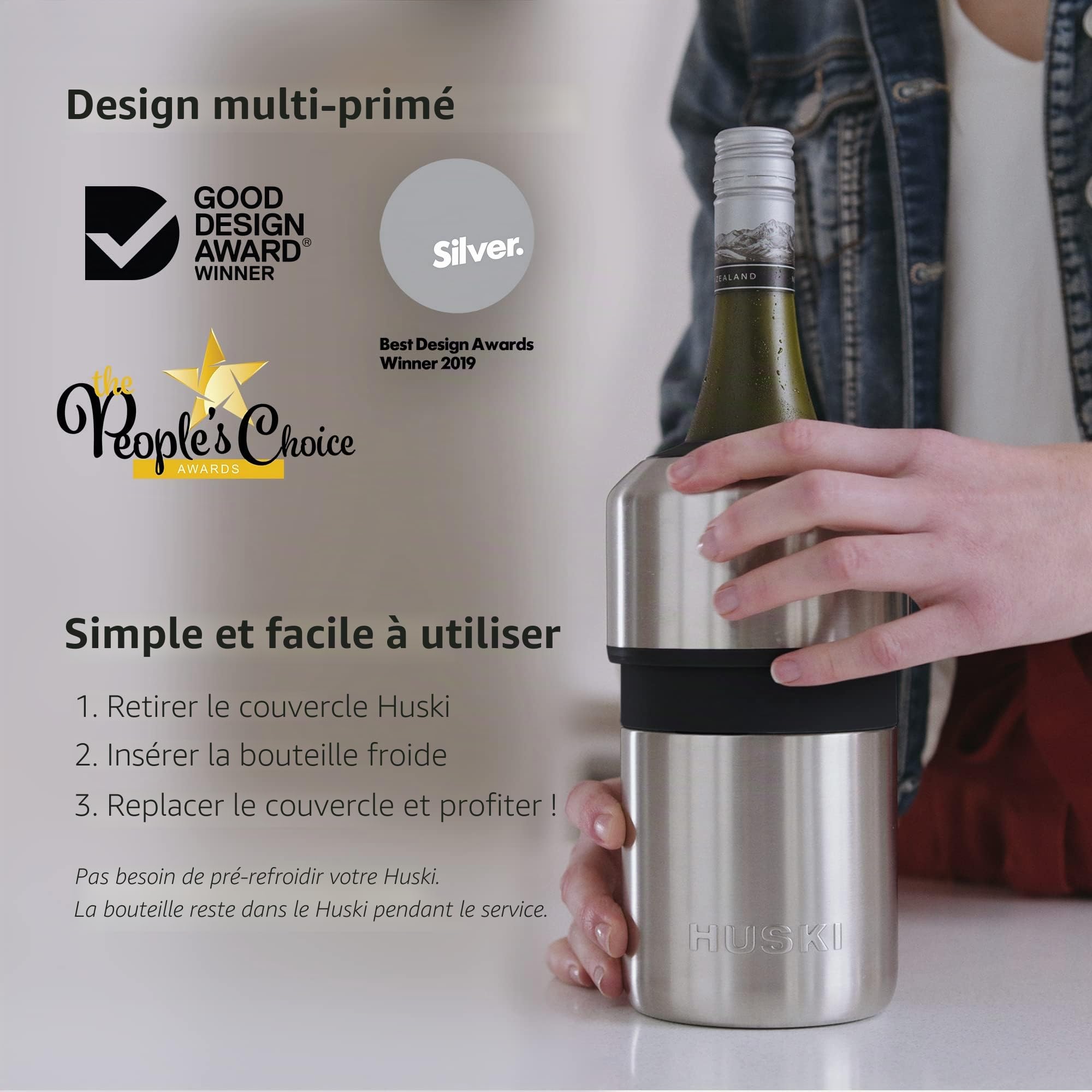 Refroidisseur à vin Huski | Design sans glace primé | Garde le vin froid jusqu'à 6 heures | Nouvel accessoire de vin | Convient à certaines bouteilles de champagne (Inoxydable)