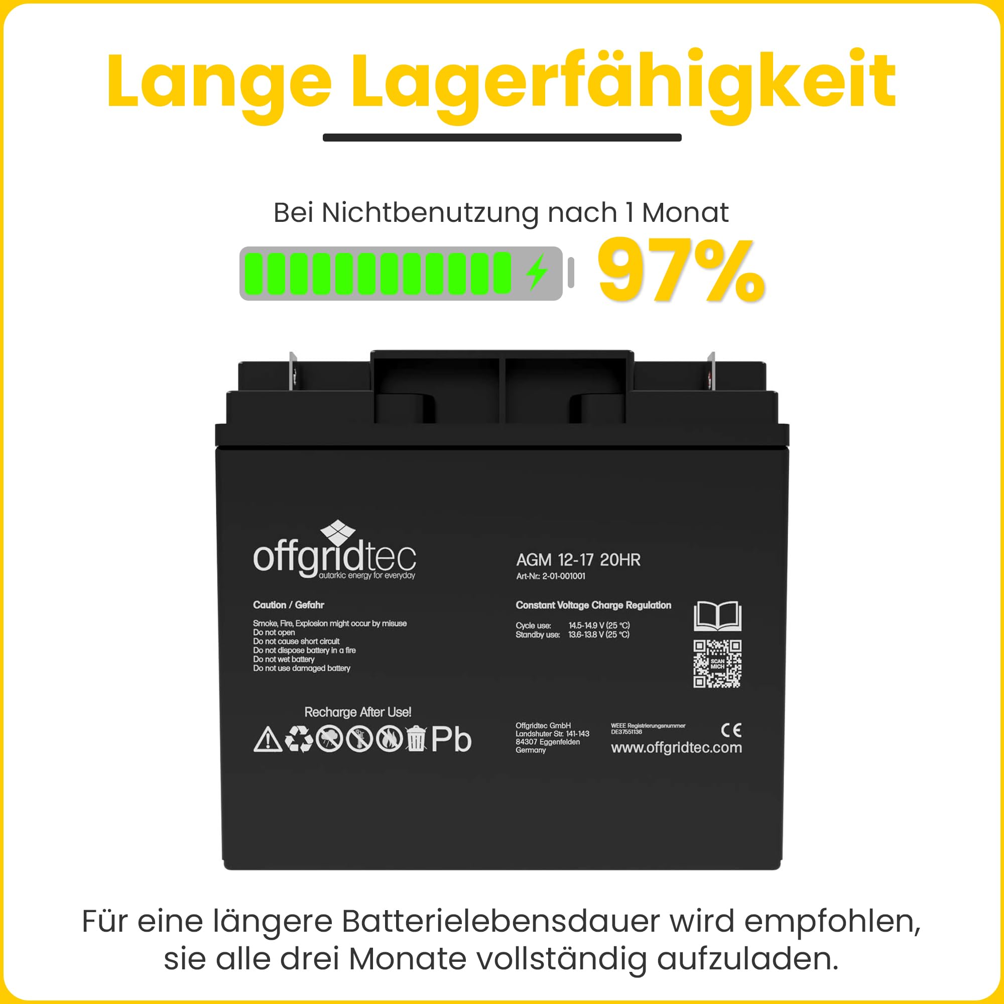 Offgridtec® Akumulator ołowiowy AGM 17Ah 12V odporny na cykle UPS zamiennik VRLA motocykl