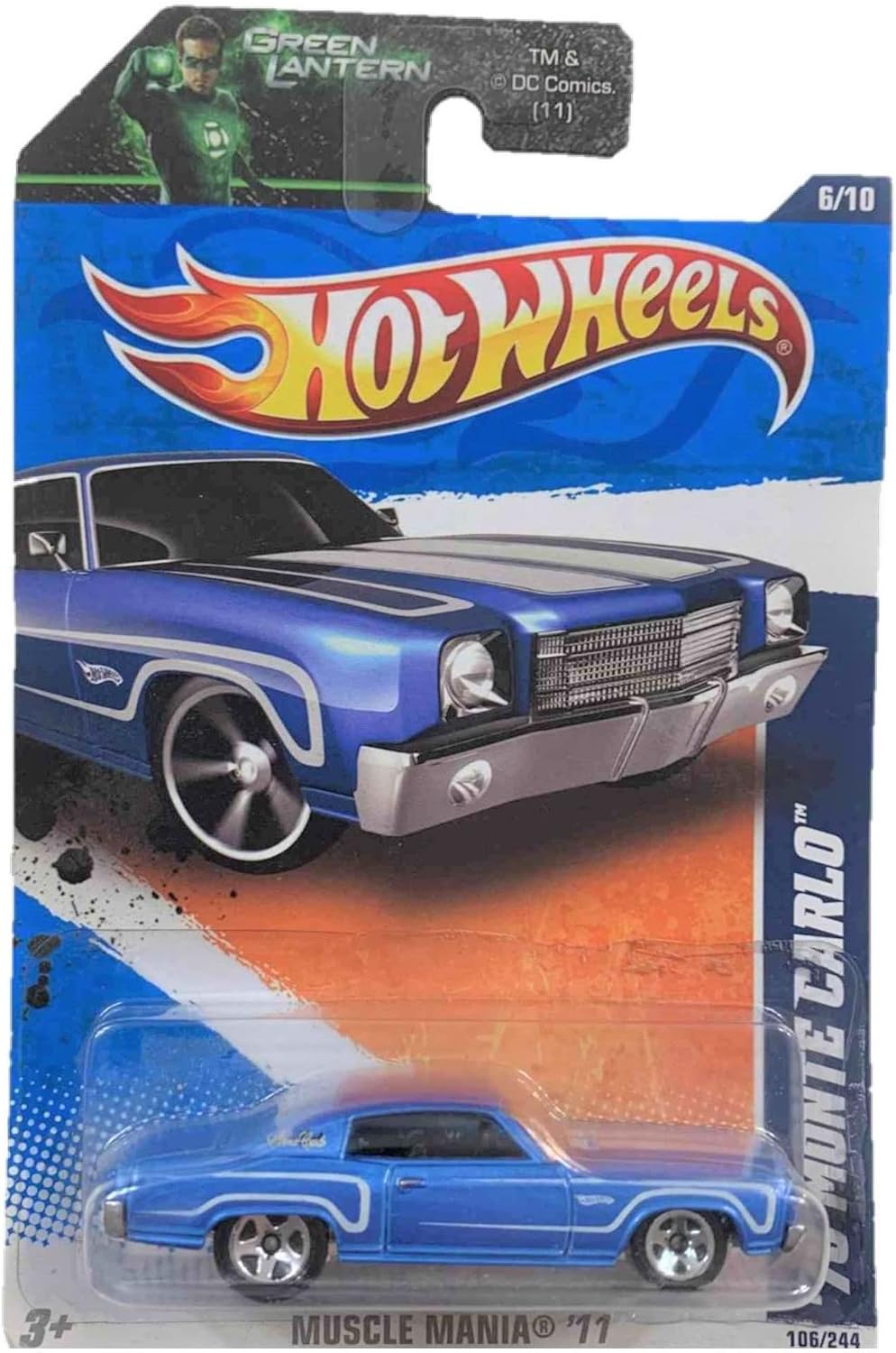 Hot Wheels 2011 Muscle Mania Blue '70 Monte Carlo 6/10 Green Lantern Card