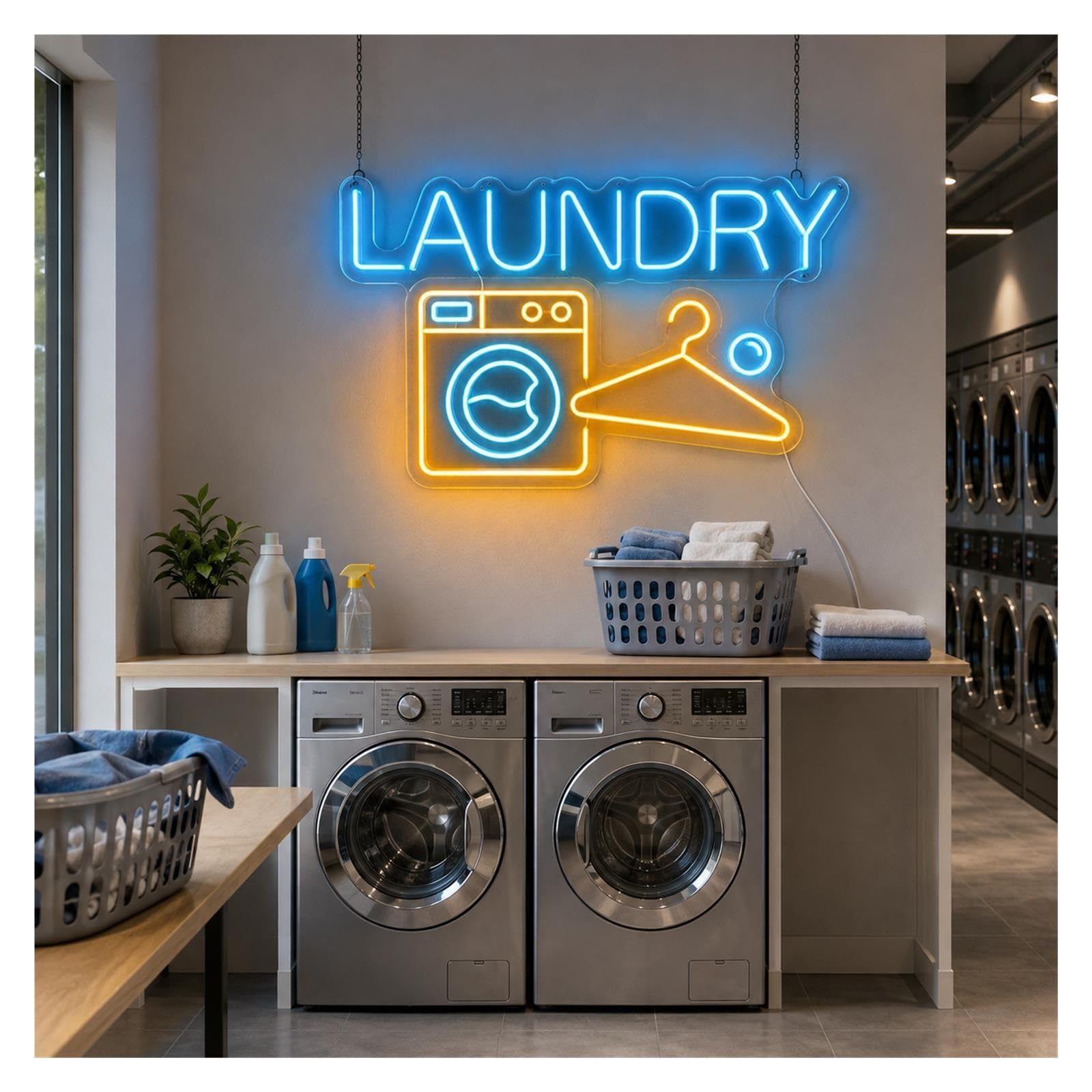Insegna al Neon Insegna Al Neon Laundry Dimmerabile | Modello Di Appendiabiti Per Lavatrice Luce A LED Per Balcone Lavanderia A Gettoni Home Room Decor 55cm