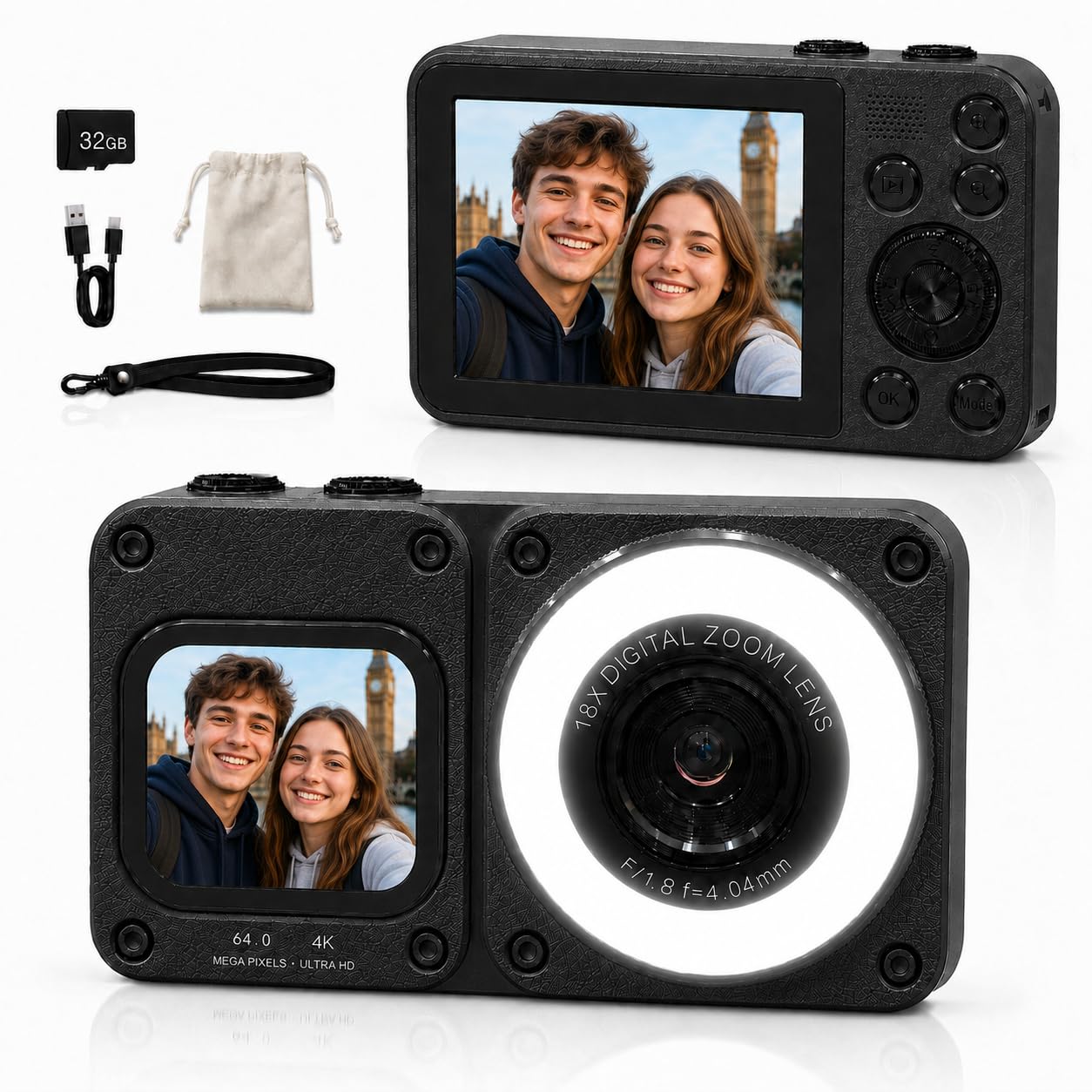 4K 64MP Digital Camera - Compact Cameras with 18x Digital Zoom