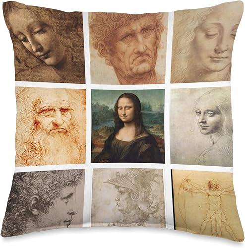Da Vinci Shirt Shop Leonardo da Vinci-Study of Human Faces-Vintage Retro Art - Almohada de 16 x 16 pulgadas, multicolor