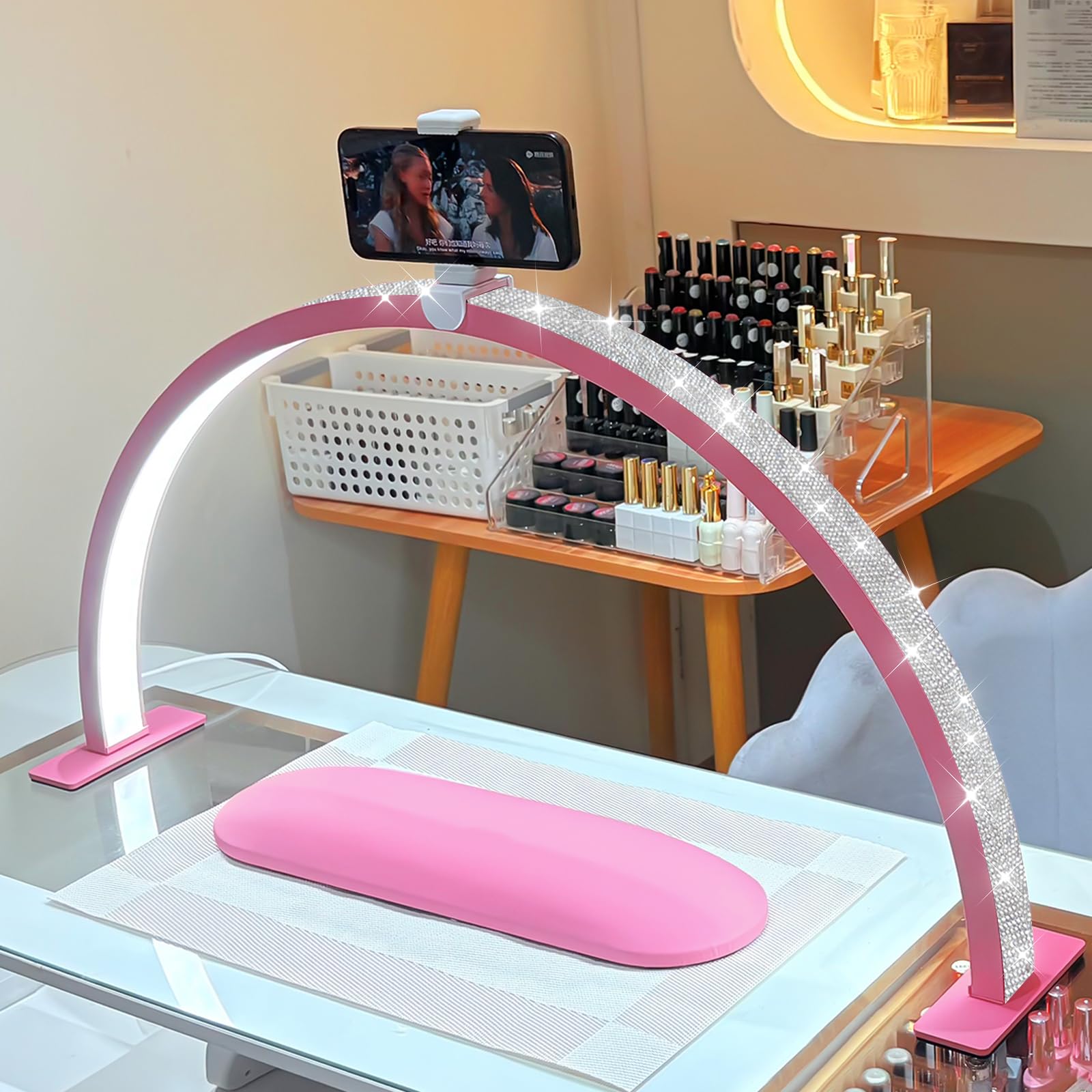 Half Moon Light for Nail Desk,Large 30 in 48W LED Light，Nail Desk lamp for lash Eyelash Extension,Makeup Desk lamp,Color Temperature 3000K-6000K, Salon&Home (Pink)-image-33
