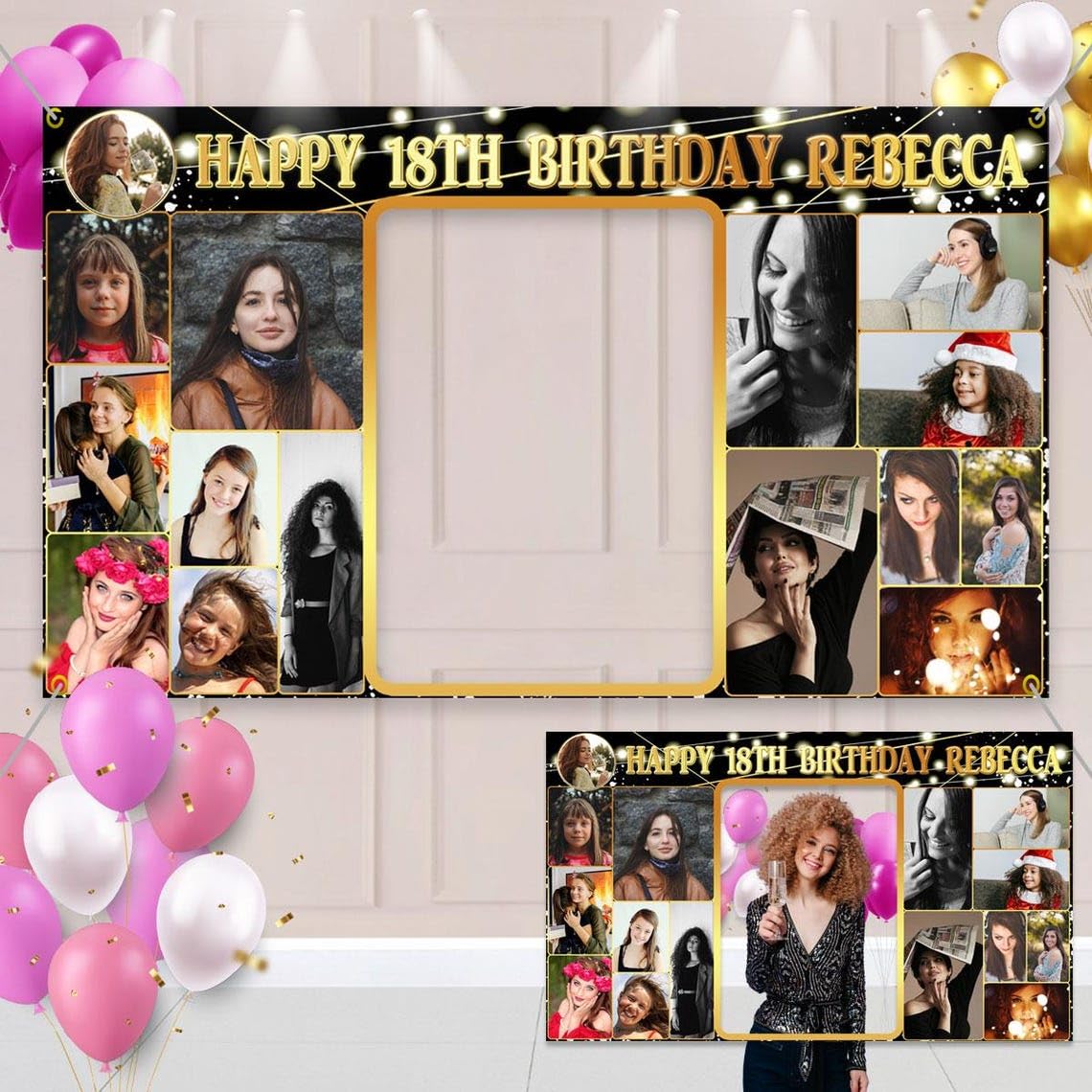 Personalised Birthday Photo Booth Props Frame Backdrop Banner Poster Fabric Party Decorations man woman boy girl children gift gold Pink