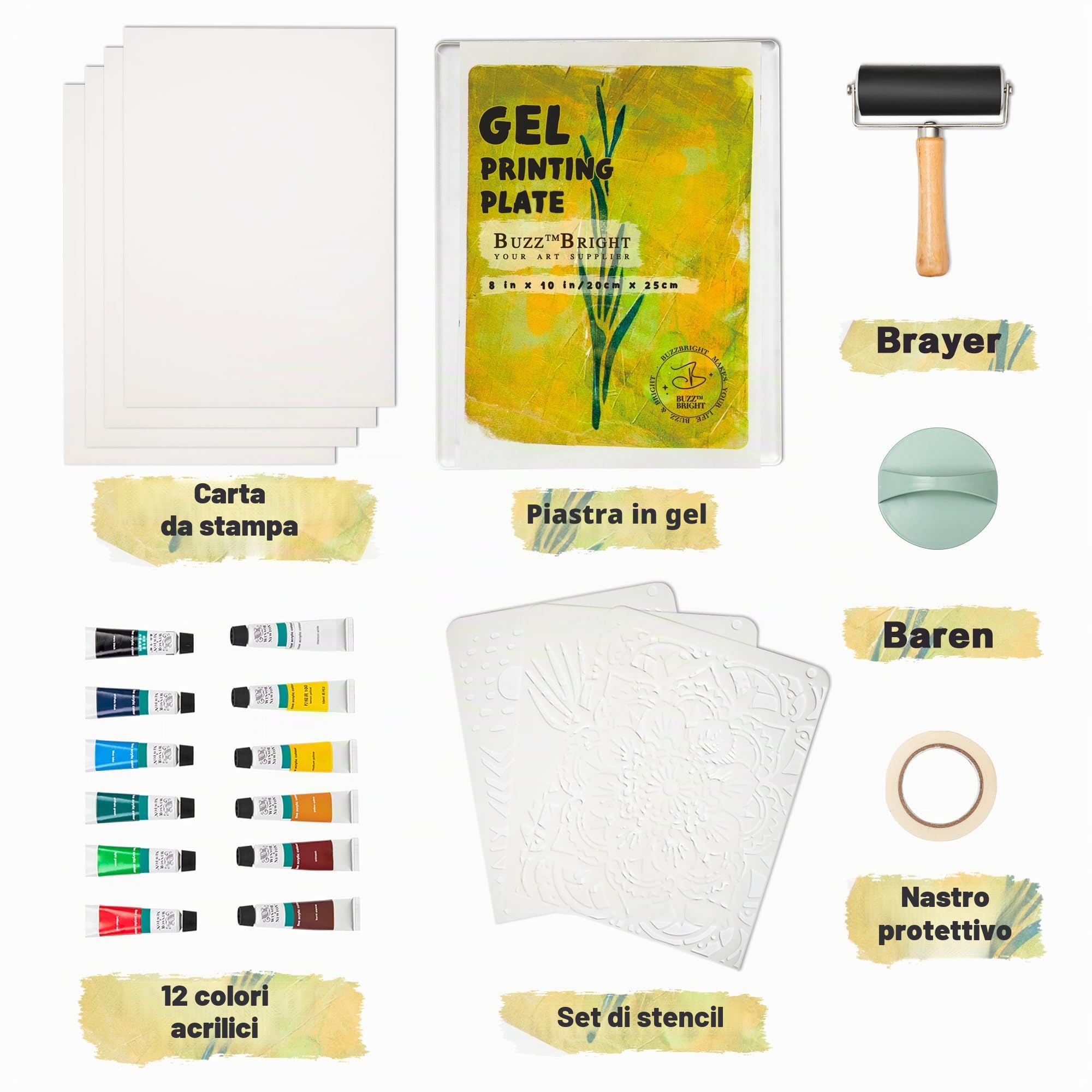 Kit per stampa con gelatina, set completo per incisione con lastra di gelatina da 20x25 cm, rullo Brayer, carta per stampa, pittura acrilica e strumenti essenziali per arte mista, monotipia