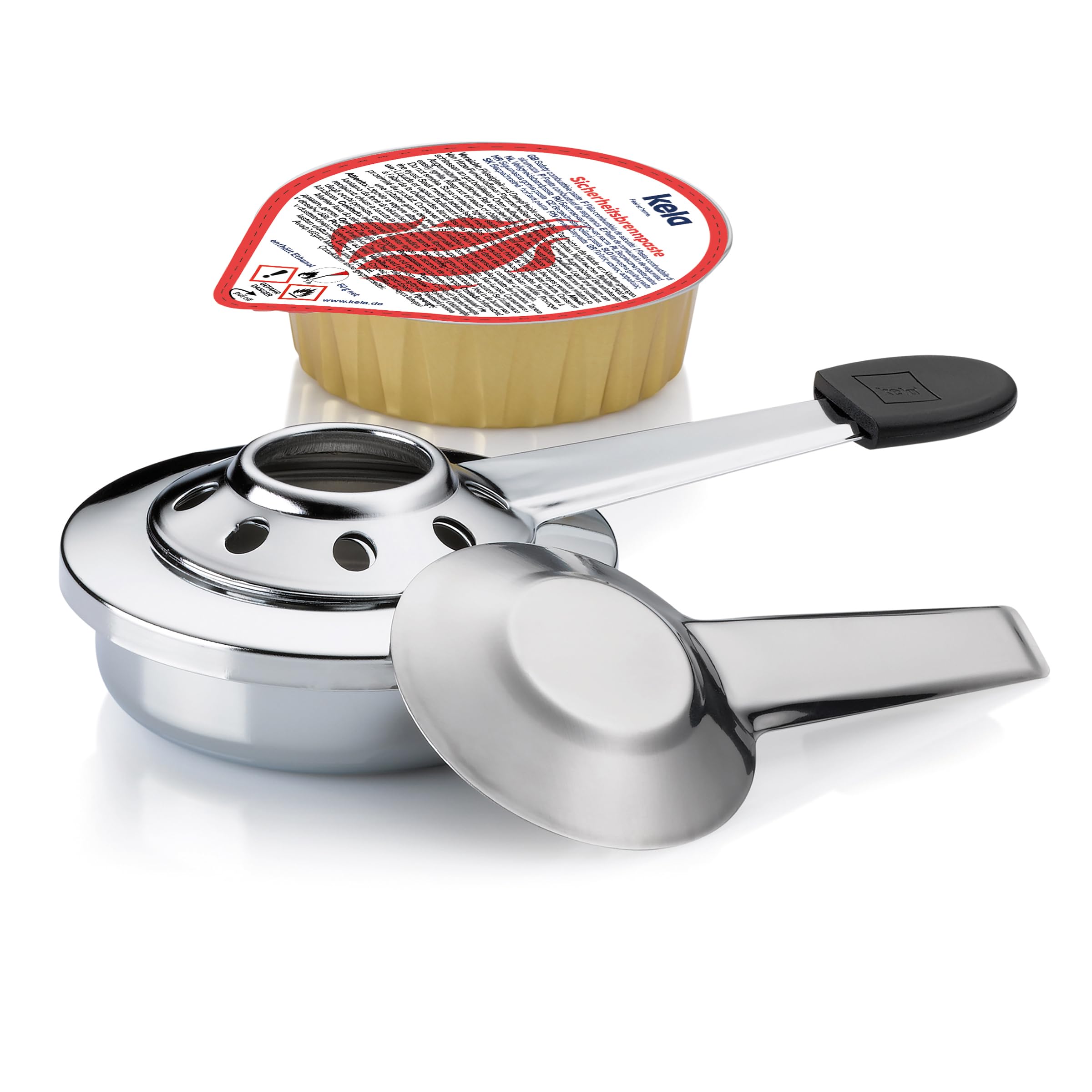 bruciatore per fonduta kela con pasta combustibile per fonduta, pinza da fuoco VESUV, contenitore per pasta combustibile in acciaio inox, 80 g di pasta combustibile etanolo per fonduta