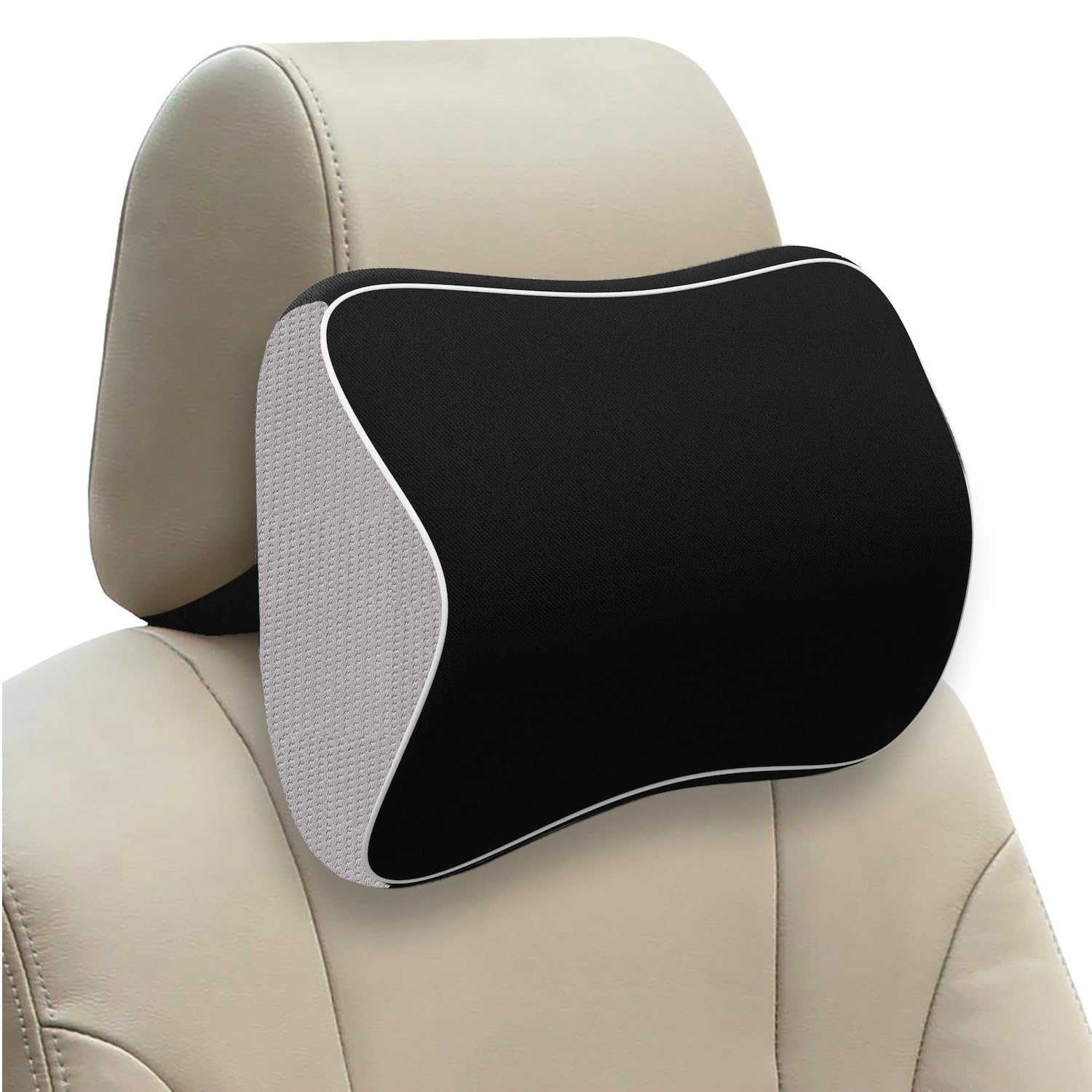 Grin Health Memory Foam Car Neckrest Pillow Relieve Neck Pain, Headrest Pillow for Neck Support Car Travel Pillow for Comfortable Driving (Large, Black/Grey (Pack of 1)