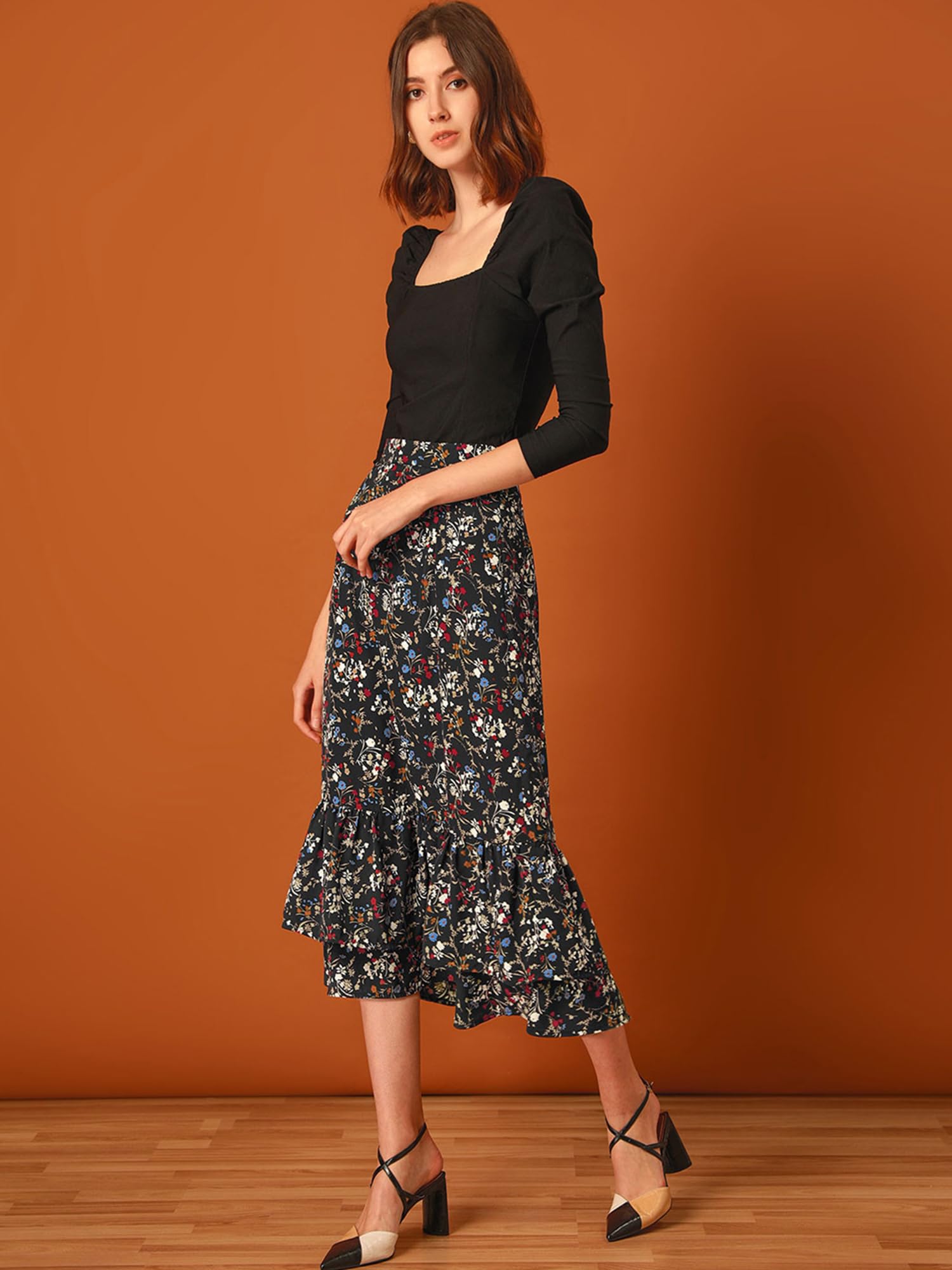 Allegra K Damen A Linie Chiffon Ruffle Blumen Maxirock Rock