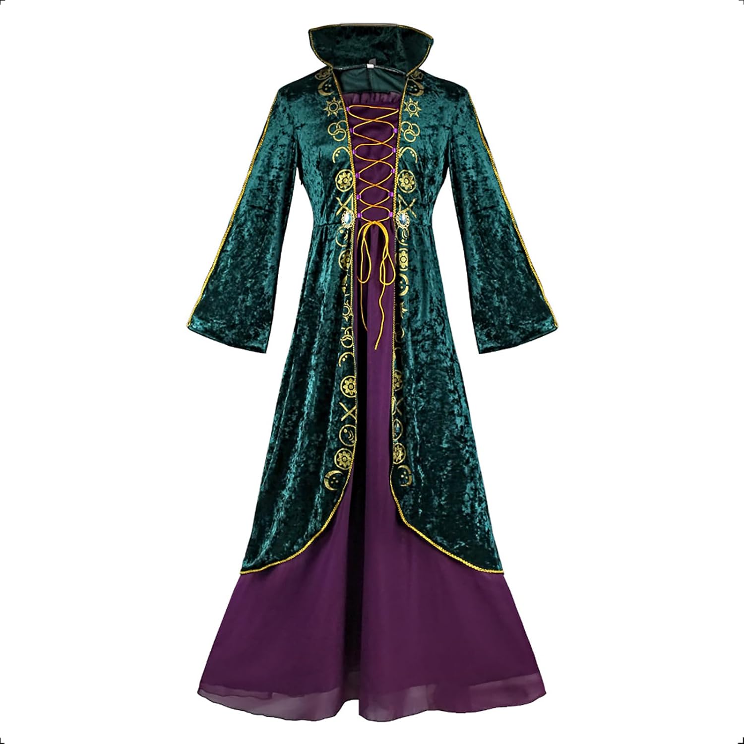 Womens Medieval Costume Witch Plus Size Green Vevet Dress Robe Cosplay Outfits