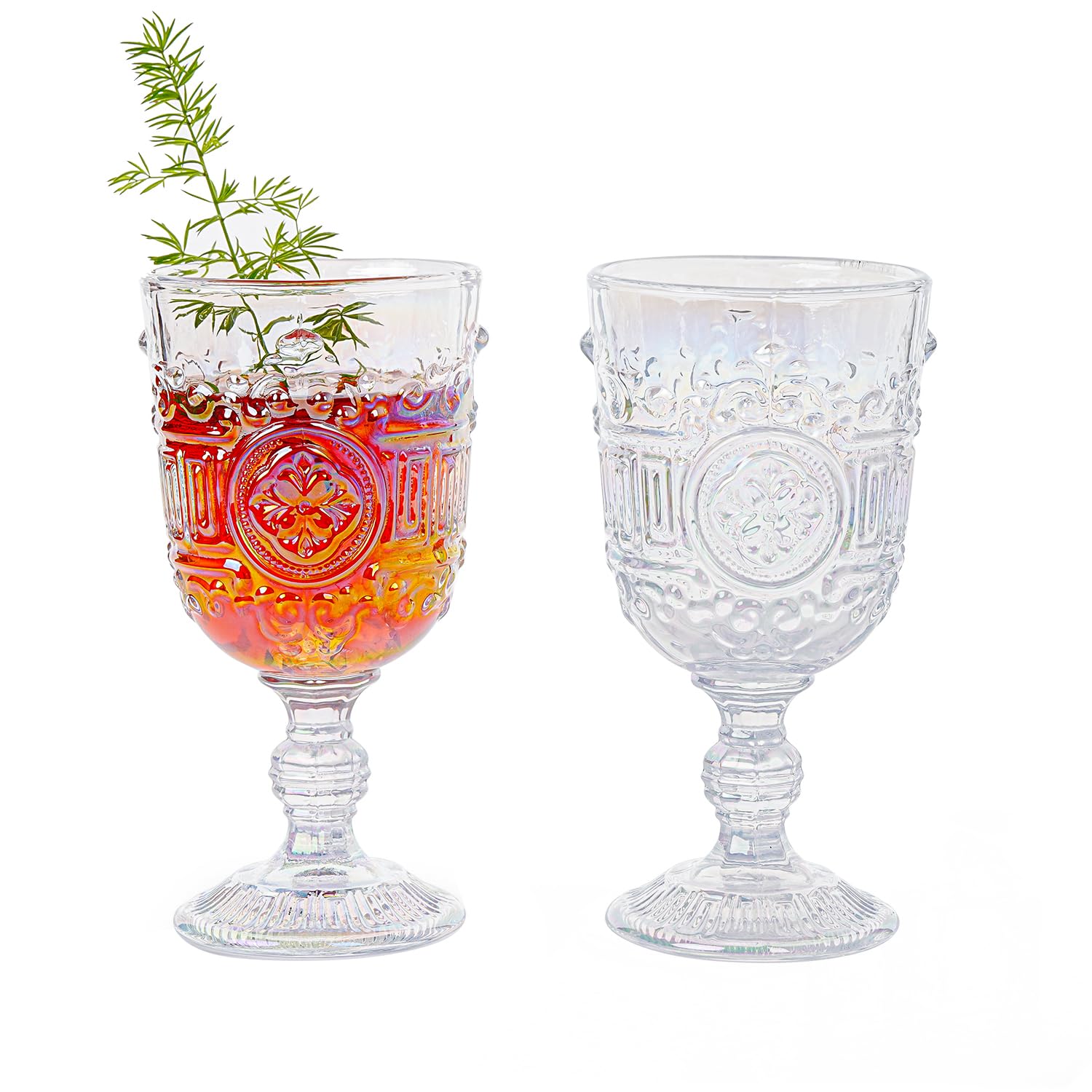 Sungmor Vintage Iridescent Wine Glasses – Set of 2 Embossed Goblets, 10 oz Decorative Glassware for Wine, Water, or Cocktails – Elegant Clear Drinking Glasses, Wedding & Party Drinkware