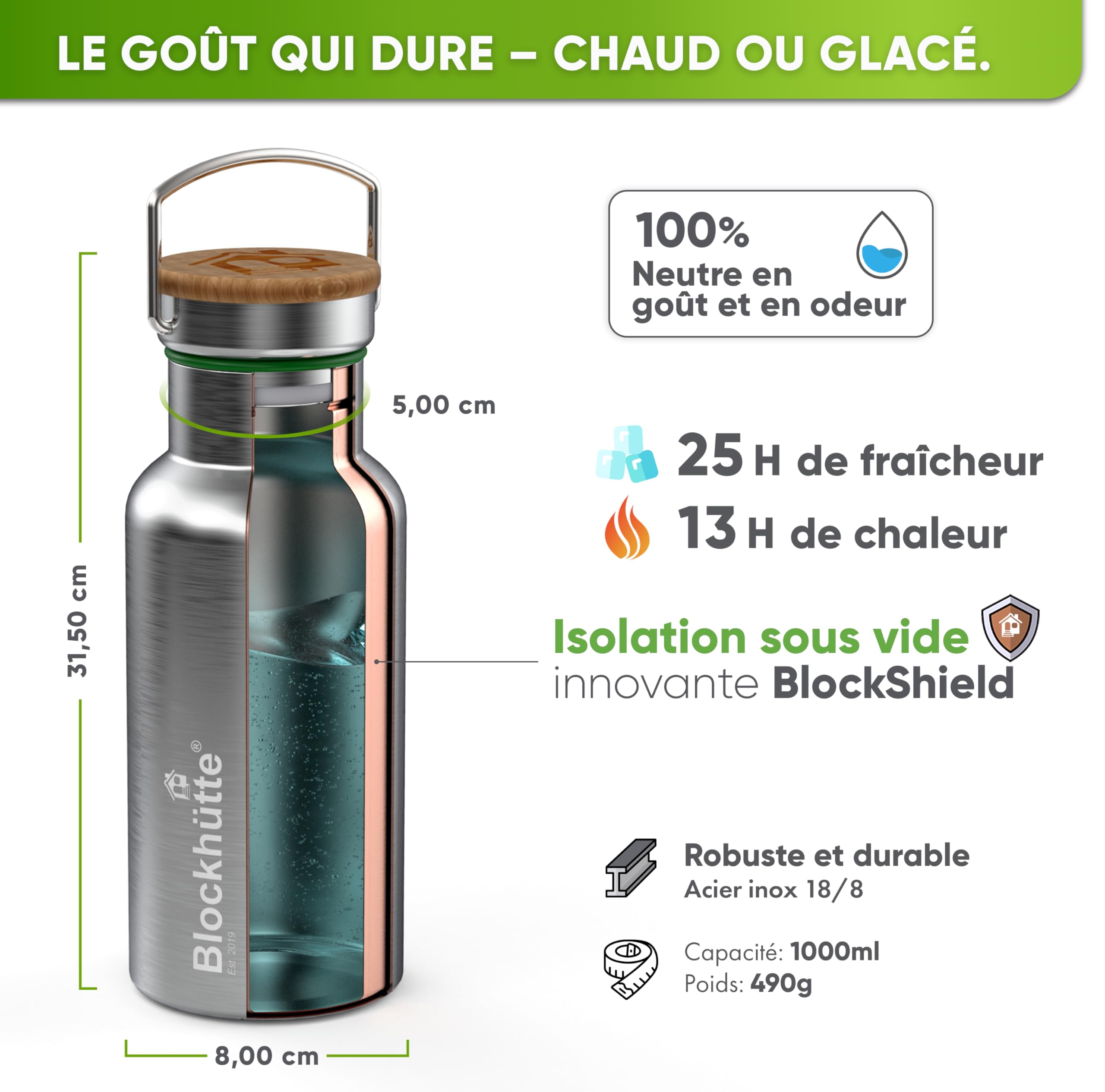 Blockhütte Gourde isotherme en acier inox, bouteille isotherme, bouteille d'eau anti-fuite I la gourde thermos passe au lave-vaisselle I pour l'université, bureau, enfants et adultes