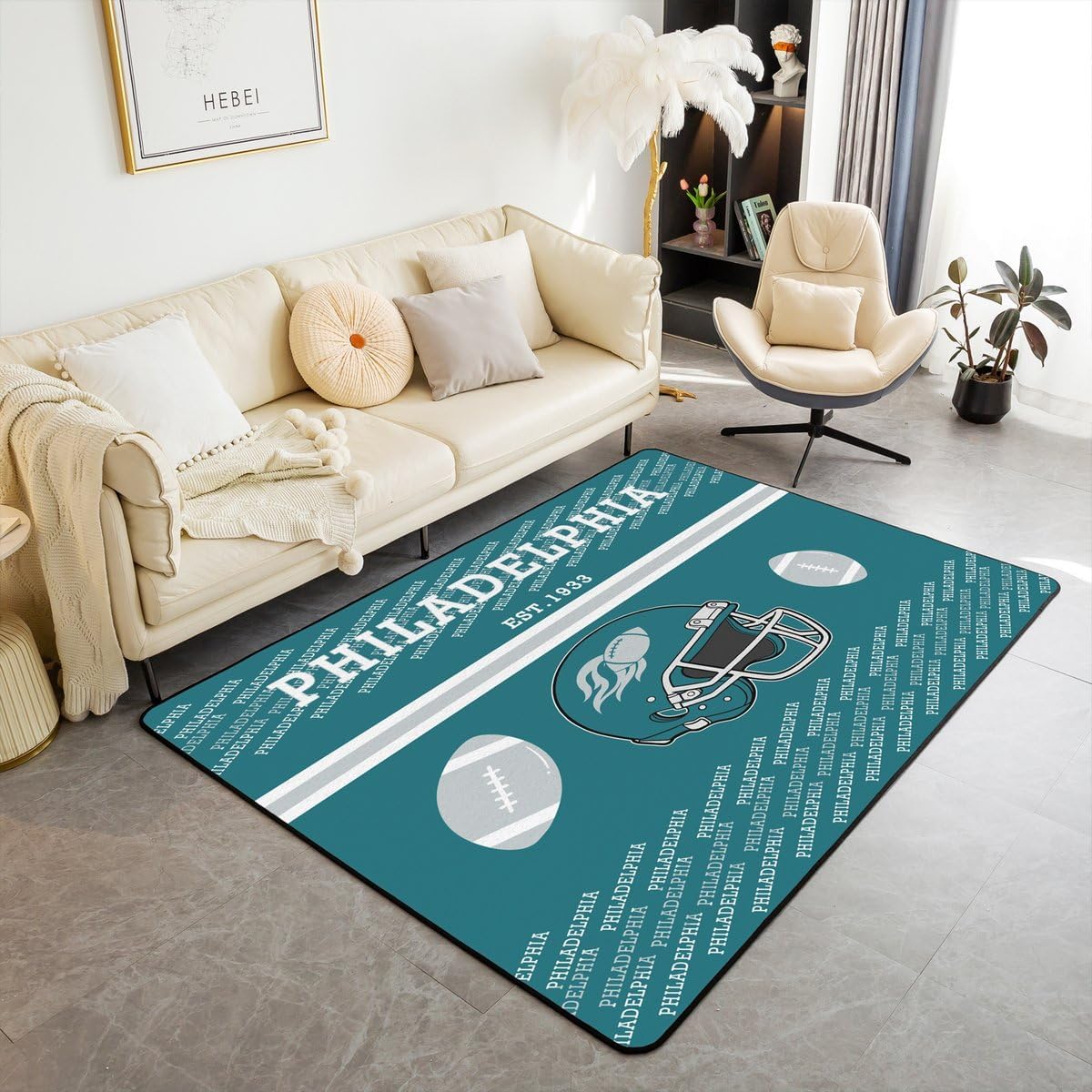Feelyou American Football Area Rug 5x7 Polyester Kansas Living Room Rugs for Bedroom Football City Gift Decor Carpet Indoor Floor Mat Soft Non-Slip