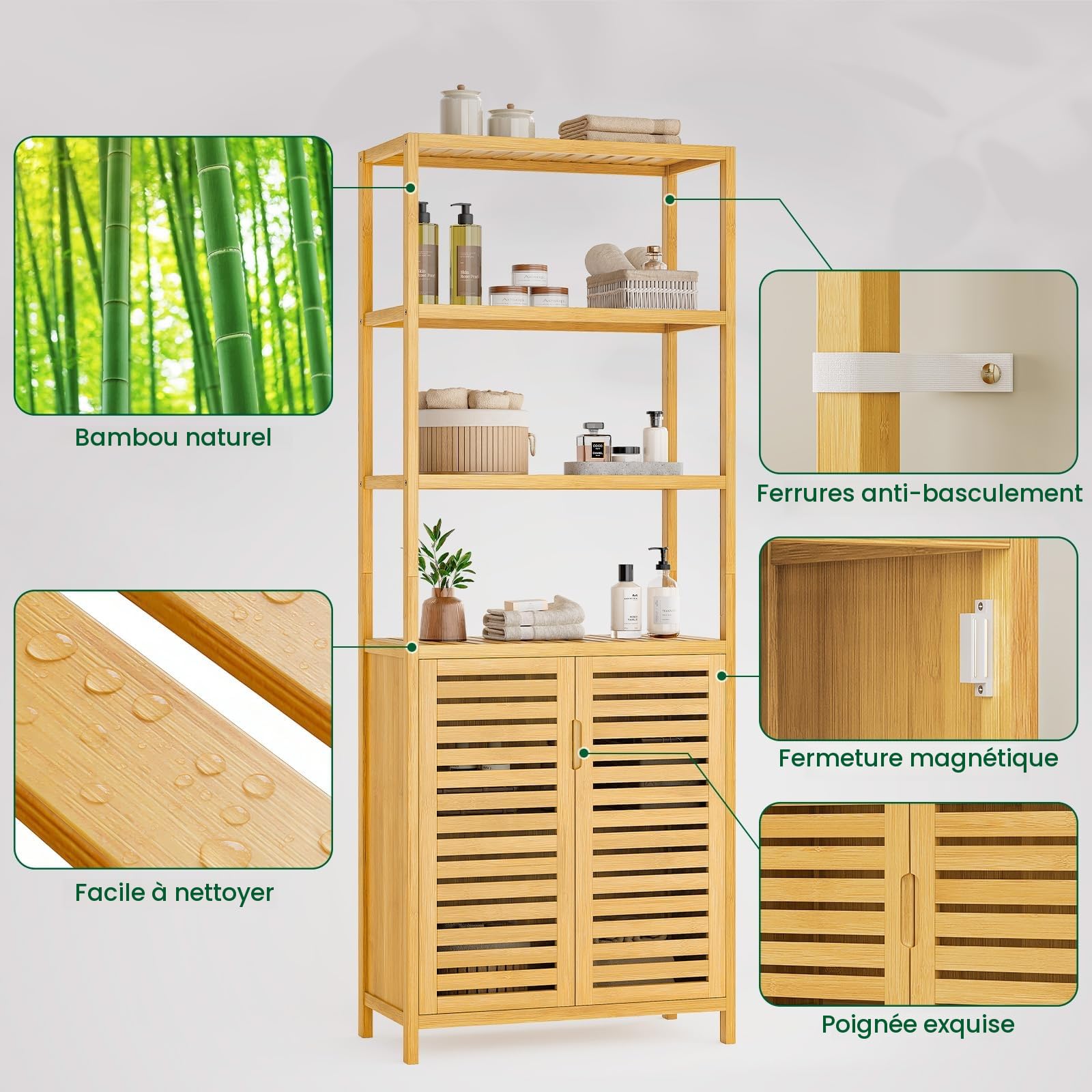 VIAGDO Armoire Haute en Bambou avec 3 Compartiments Ouverts et Armoire, Armoire d'appoint Haute,pour Salle de Bain, Couloir, Cuisine, Salon, 64 x 33 x 170 cm