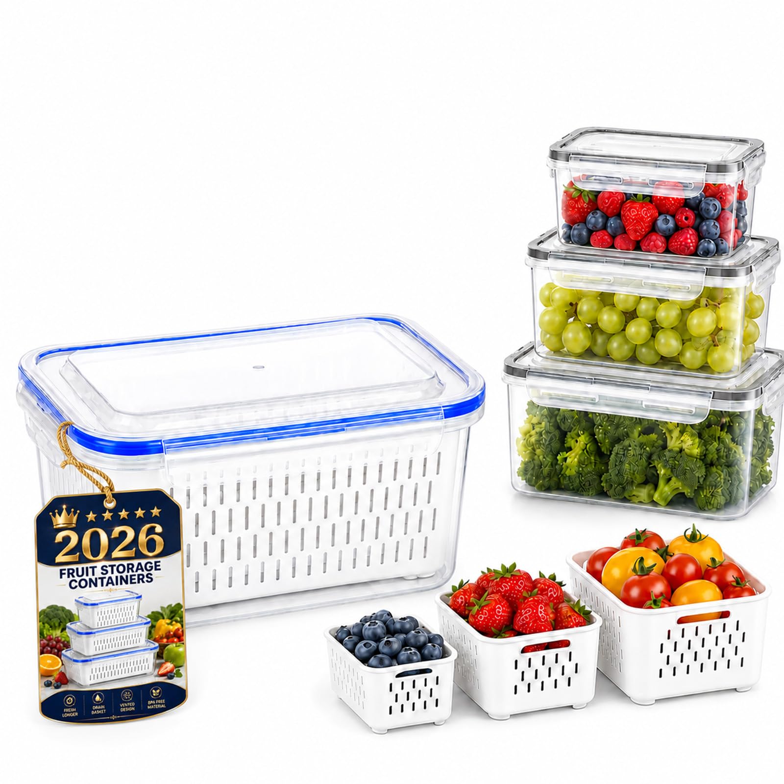 4-In-1 Fruit Strainer Container, Berry Storage Containers for Fridge with Removable Colander & Lid, Airtight Fresh Food Storage Containers with Drain Basket for Vegetable & Kitchen，Blue：M