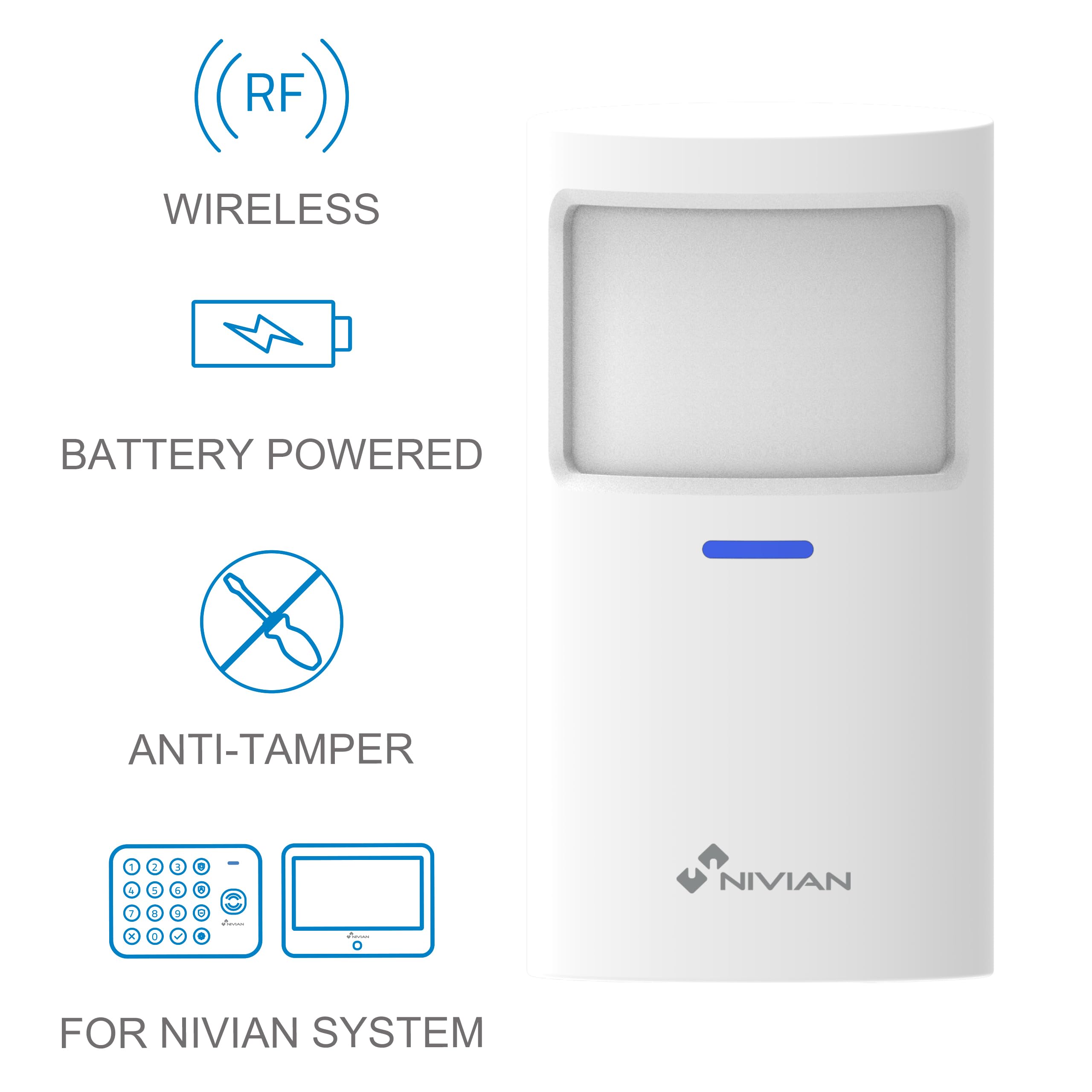 Nivian NVS-INDOORPIR - Detector de Presencia Inalámbrico Interior PIR 433 MHz, Alcance 100 m, Ángulo 110°, Instalación sin Cables, Indicador LED