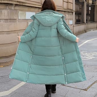 Women's Hooded Long Down Jacket Thickened Maxi Parka Puffer Coat Full Zip Quilted Outerwear with Side Button Hem
