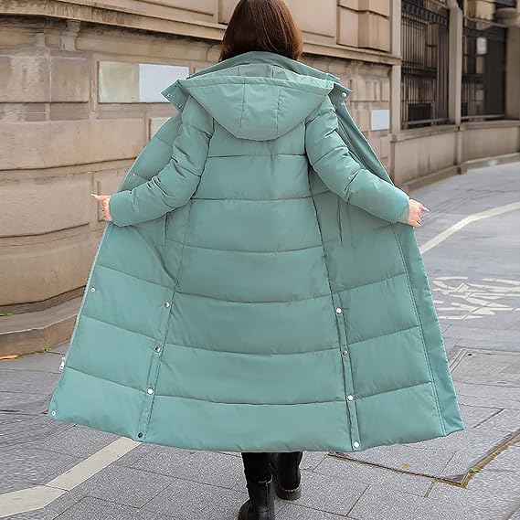 Women's Hooded Long Down Jacket Thickened Maxi Parka Puffer Coat Full Zip Quilted Outerwear with Side Button Hem