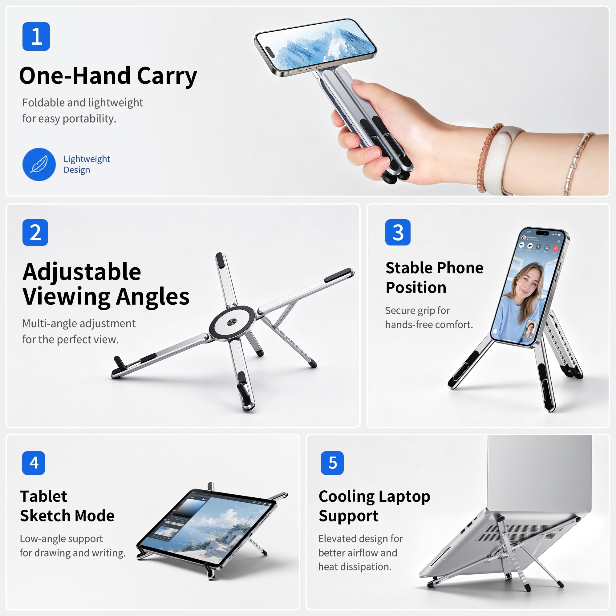 Soporte magnético plegable versátil 3 en 1 para teléfono, tableta y laptop, soporte ergonómico de aleación de aluminio de 8 niveles de altura ajustable para escritorio, soporte portátil para