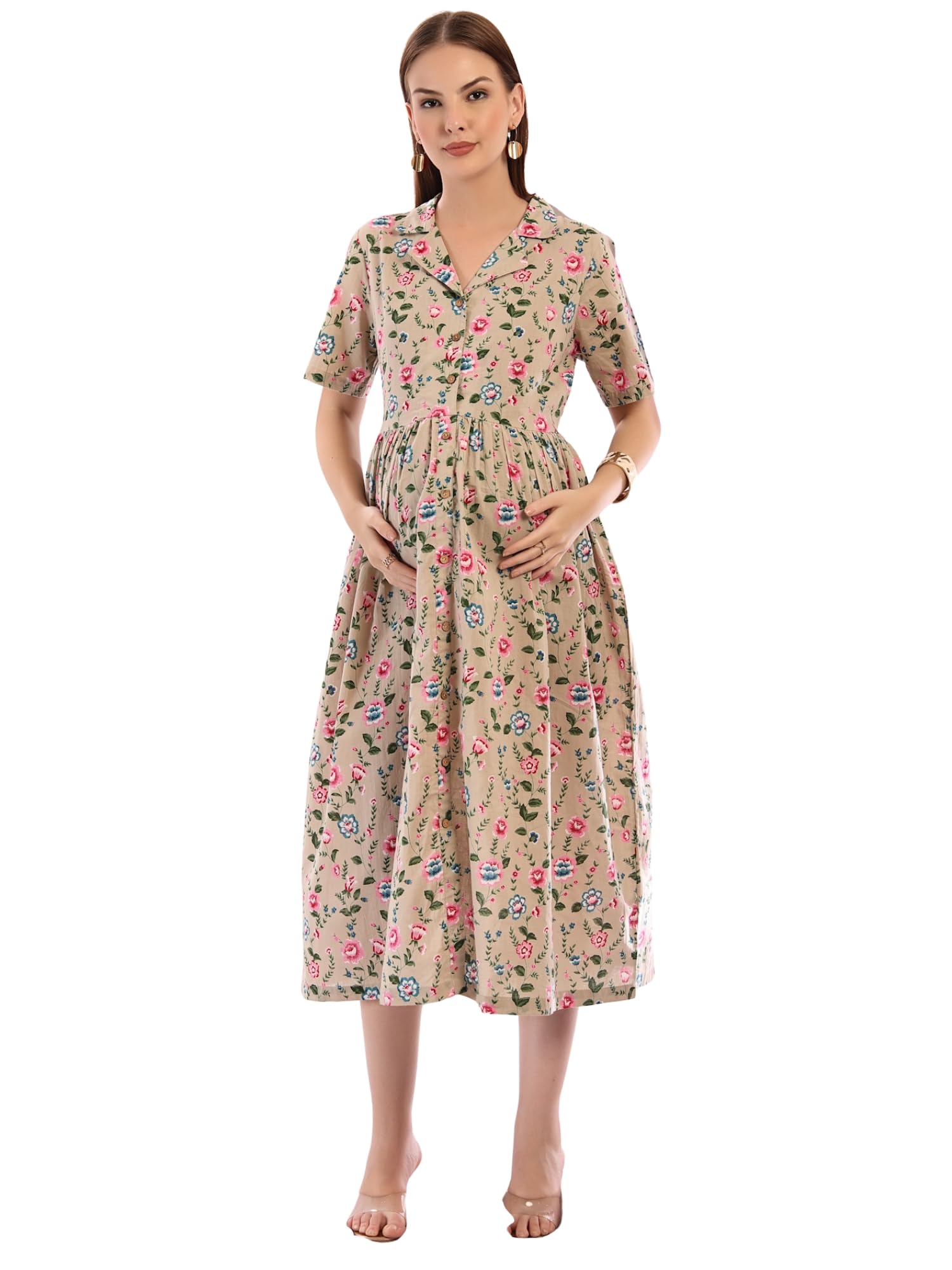 Maternity Zipless Feeding Dress for Women | 100% Cotton Pre & Post Pregnancy Printed Design Dress for Woman | Nursing Dresses for Breastfeeding for Mothers with Pockets-image-32