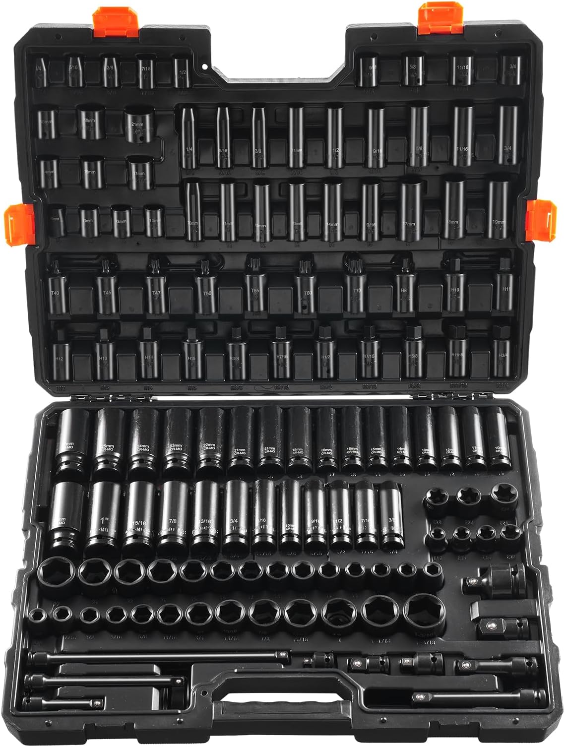 Impact Socket Set 130 Piece 3/8" & 1/2" - SAE & Metric Drive Socket Set - 6 Point Cr-Mo Alloy Steel for Auto Repair - Easy-to-Read Size Markings - Includes Storage Case