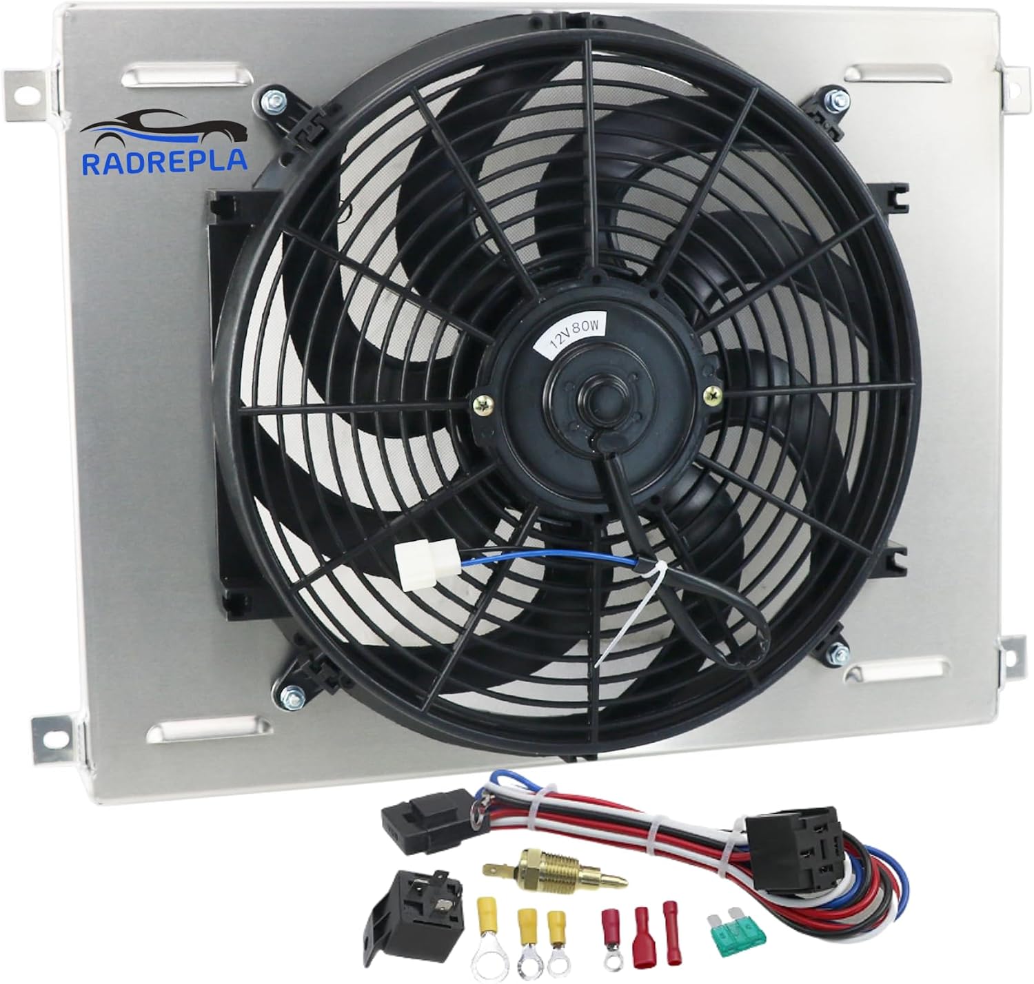 CU340 Aluminum Radiator Shroud with Electric Fan for 1963-1970 Ford Mustang Fairlane Torino V8 1x14" Fans Thermostat Relay Kit 1963 1964 1965 1966 1967 1968 1969 1970 63 64 65 66 67 68 69 70