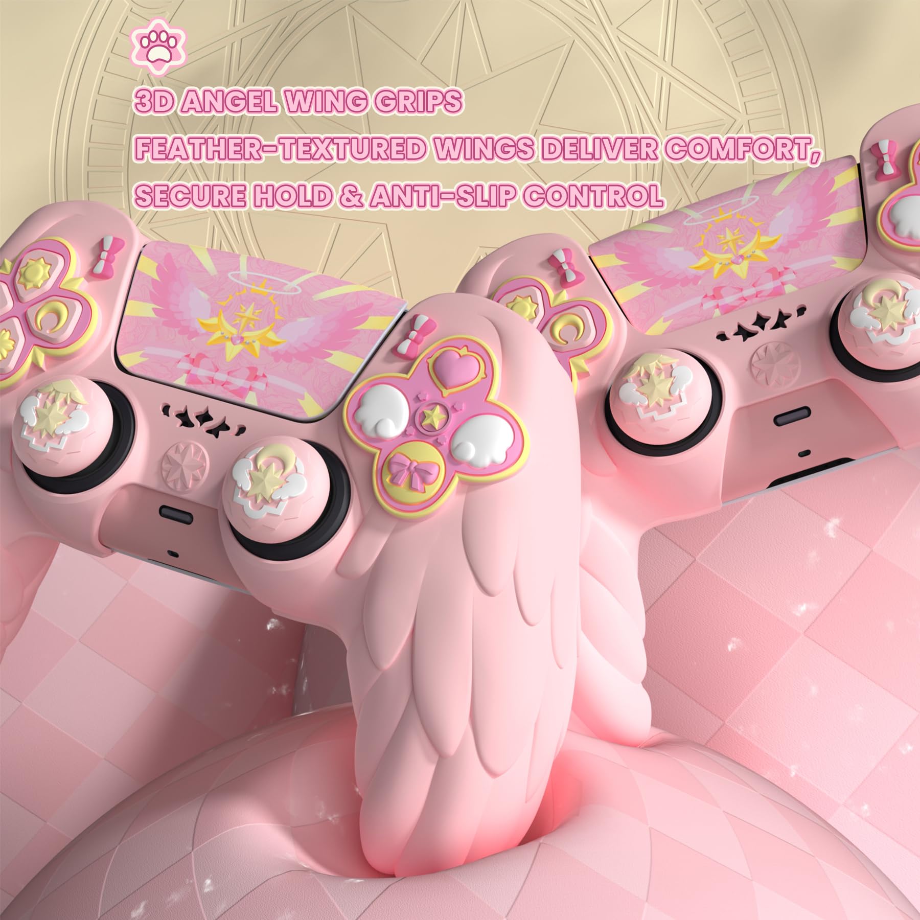 PlayVital Funda de Silicona Protectora para ps5 Mando - Carcasa Suave Antideslizante con Tapas para Joysticks y Pegatinas, Compatible con Base de Carga - Serie Magic Wings (Rosa)