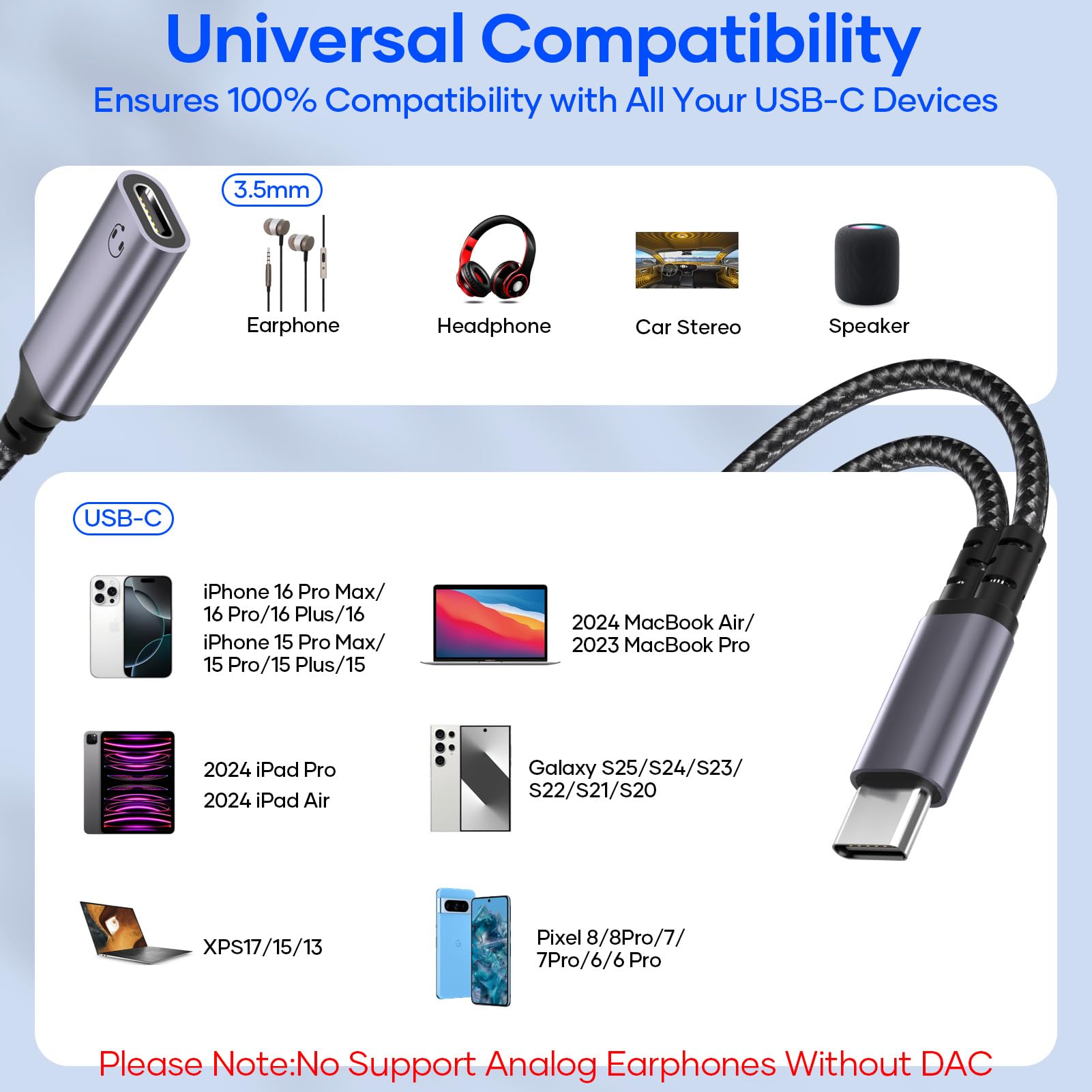 Répartiteur Double USB C 2 en 1 Adaptateur USB-C Audio et Charge pour iPhone 16 15 Pro Max iPad Samsung S25 S24 S23, Gris