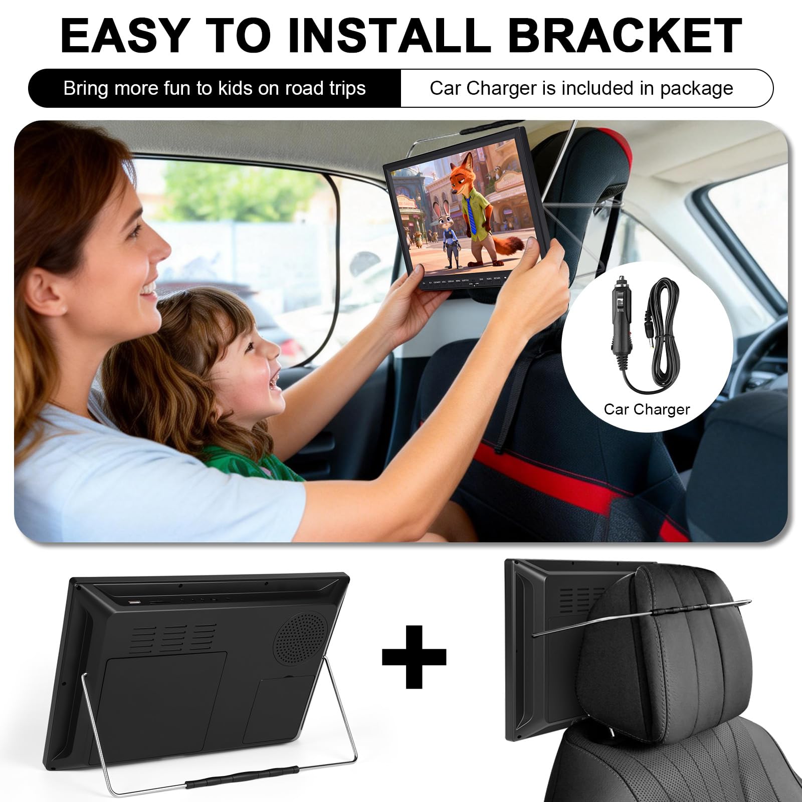 HotHat Lecteur DVD portable pour voiture, grand écran de 14,1", support pliable en acier inoxydable, support d'appui-tête, vidéo MP4 720p, USB/SD 500 G, sans région, entrée AV/sortie, haut-parleur