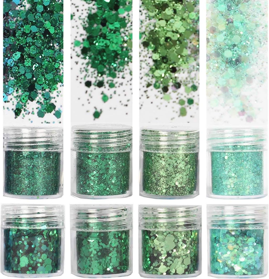 COKOHAPPY St. Patrick's Day Holographic Green Chunky Glitter 8 Boxes 10ml Sequins Iridescent Flakes Hexagon Tips Mixed Paillette Face Eyes Body Hair Nail Art
