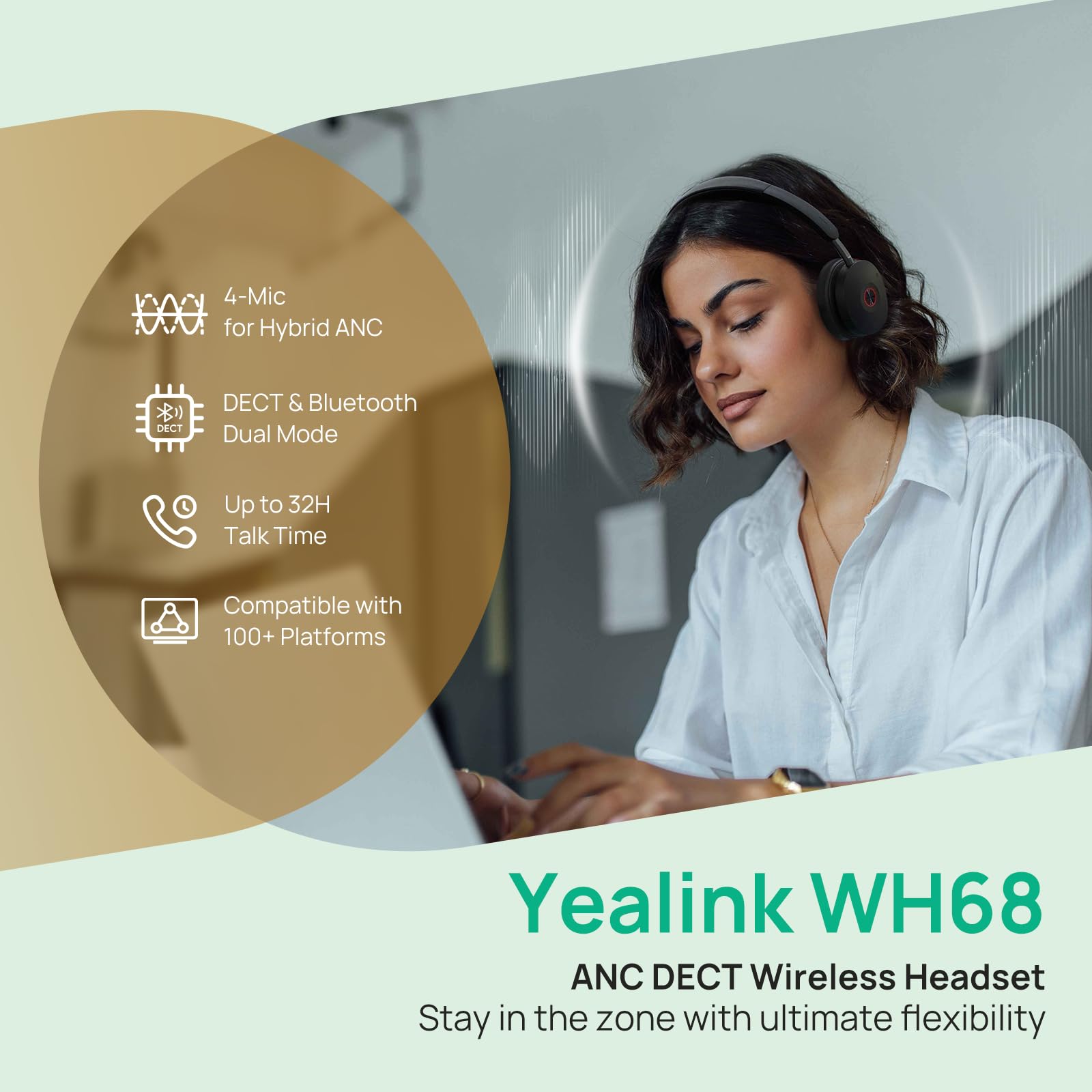 Yealink WH68 ANC DECT Kabelloses Headset mit Mikrofon, 4X AI-Mic mit Geräuschunterdrückung, 185m Reichweite, 32H Gesprächszeit, On-Ear-Headsets, Teams-zertifizierte Kopfhörer Kabellos für die Arbeit