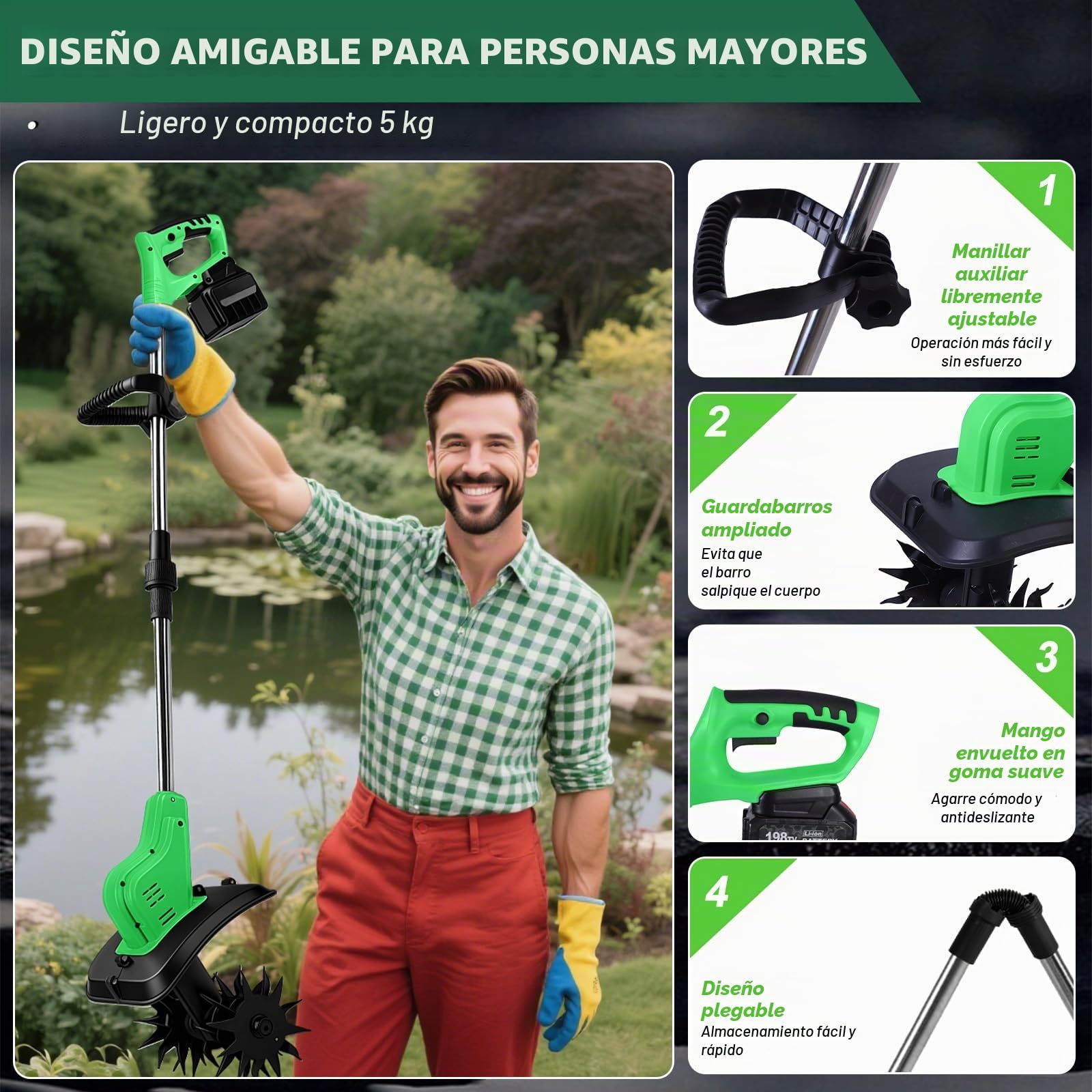 Motoazada para huerto, azada eléctrica, para Makita 18V batería, con Profundidad de Trabajo de 16 cm, Ancho de Trabajo de 30 cm, Velocidad de 300 RPM, Mango ergonómico, para Cultivo de jardín