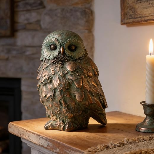 Cynkeyee Vintage Patina Bronze Owl Figurine - Resin Rustic Farmhouse Owl Statue, Gothic Antique Bird Sculpture for Fireplace Mantel, Shelf Fall Halloween Decor Tabletop Accents 6.5x5.5x8.5 Inches